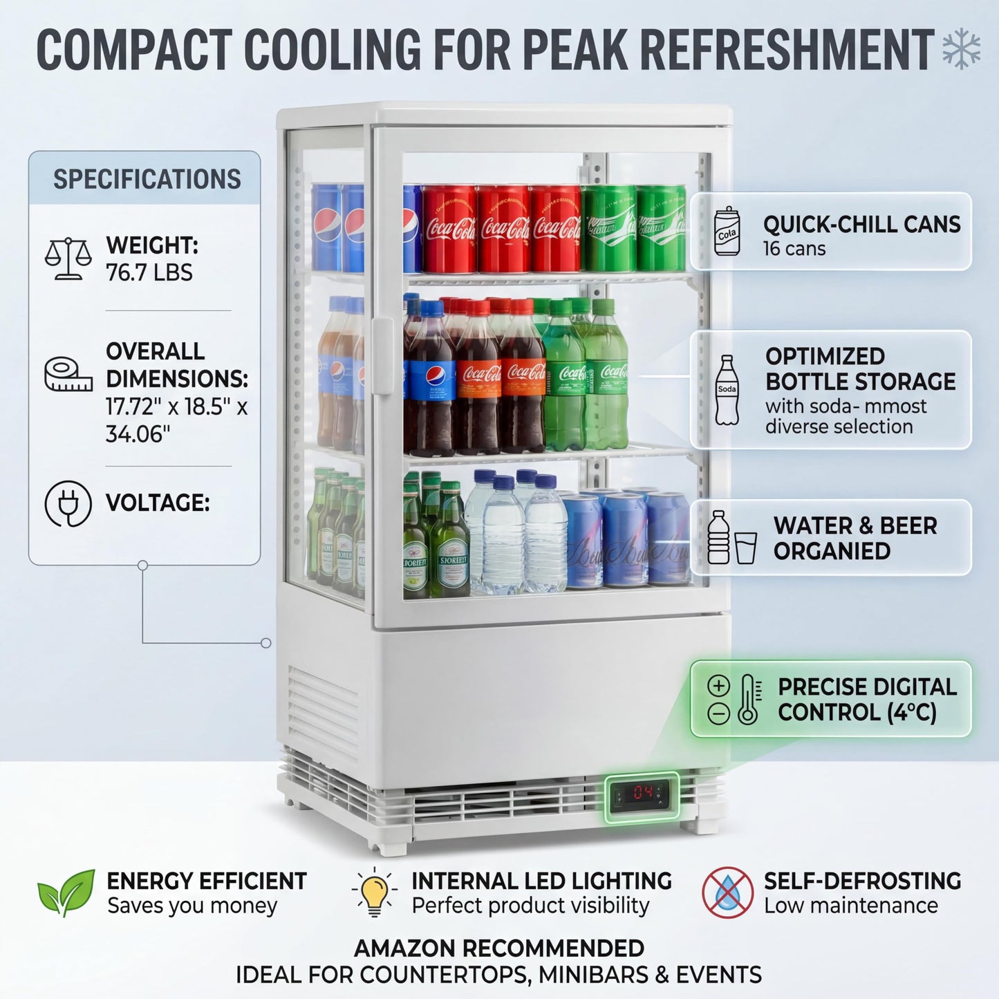 IDEALHOUSE 2.0 Cu.Ft. Countertop Bakery Display Refrigerator with LED Lighting, Rear Sliding Door, Air-Cooling, and Automatic Defrost for Cafes and Restaurants, White