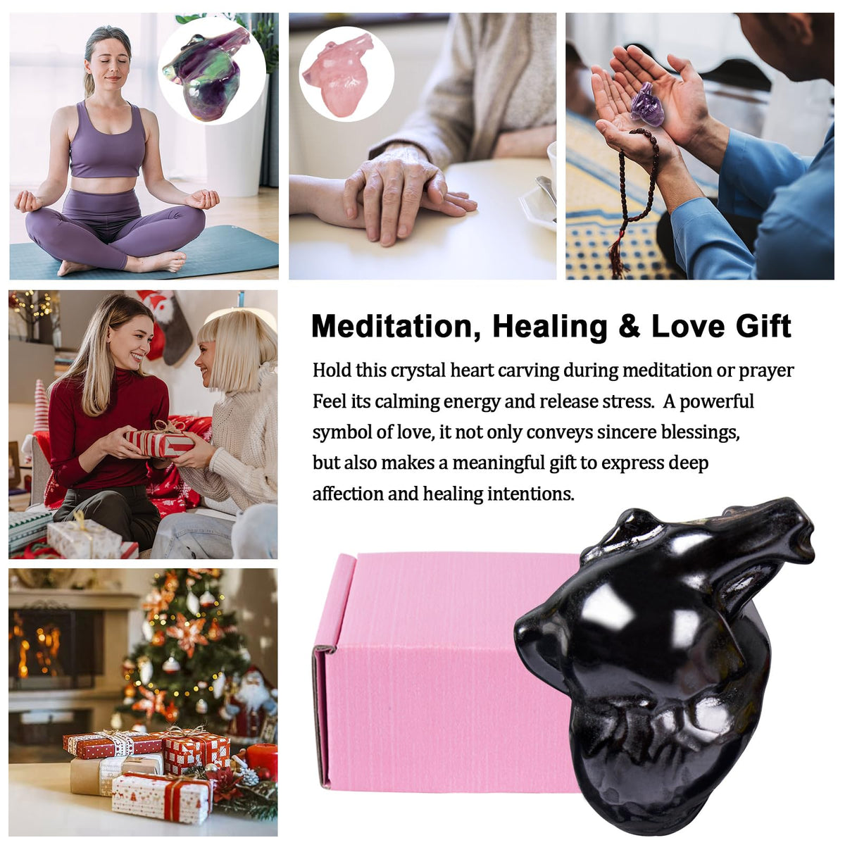 Black Obsidian Crystal Heart Figurines, 2.1 Inch Crystal Heart Love Statue for Home Decor, Meditation and Stress Relief, Hand Carved Natural Healing Stone Cardiac Sculpture Spiritual Gift for Women
