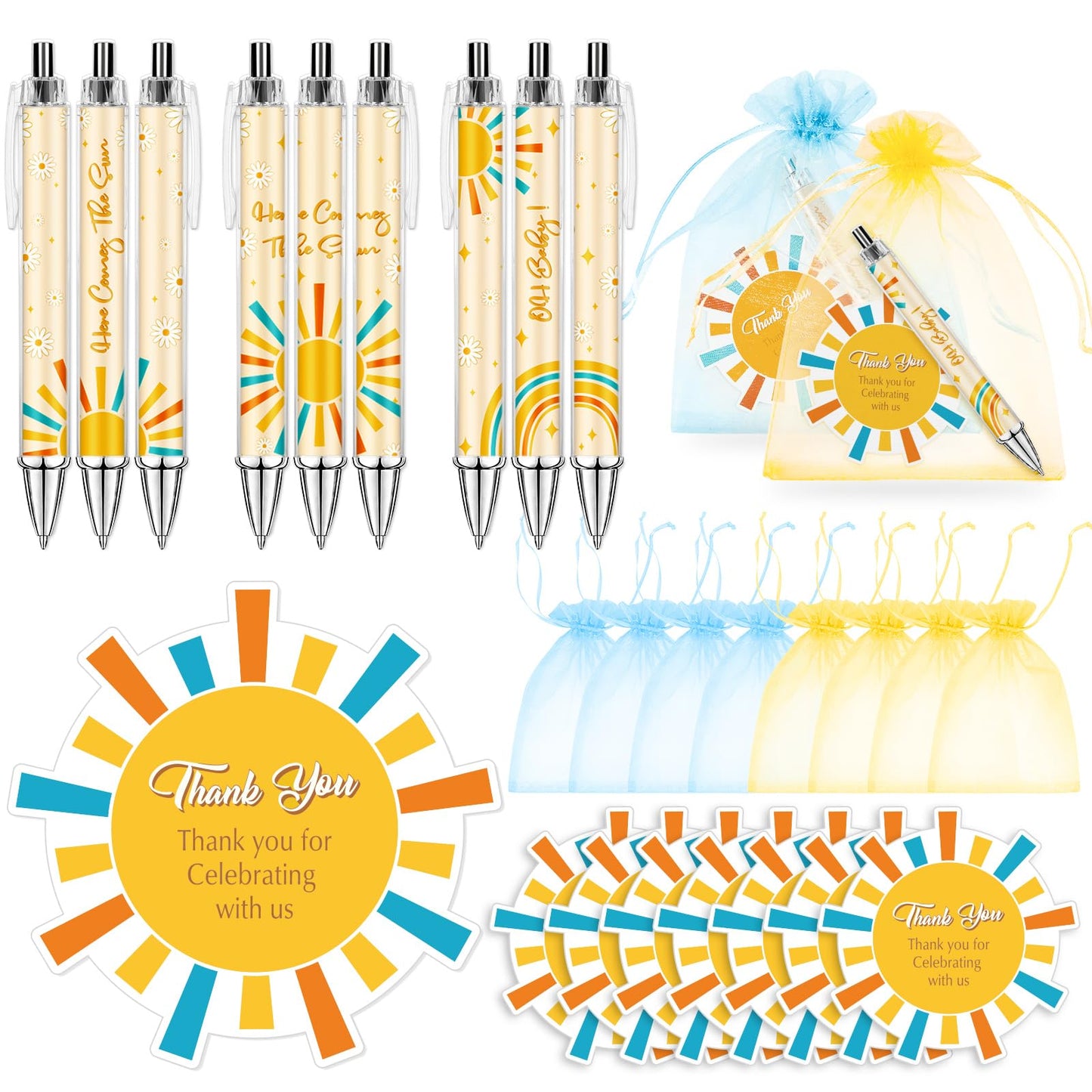 JarThenaAMCS 72Pcs Sun Baby Shower Favor Gifts for Guests Boho Sun Retractable Ballpoint Pens Organza Bags Greeting Cards for Birthday Gender Reveal Souvenirs Prizes