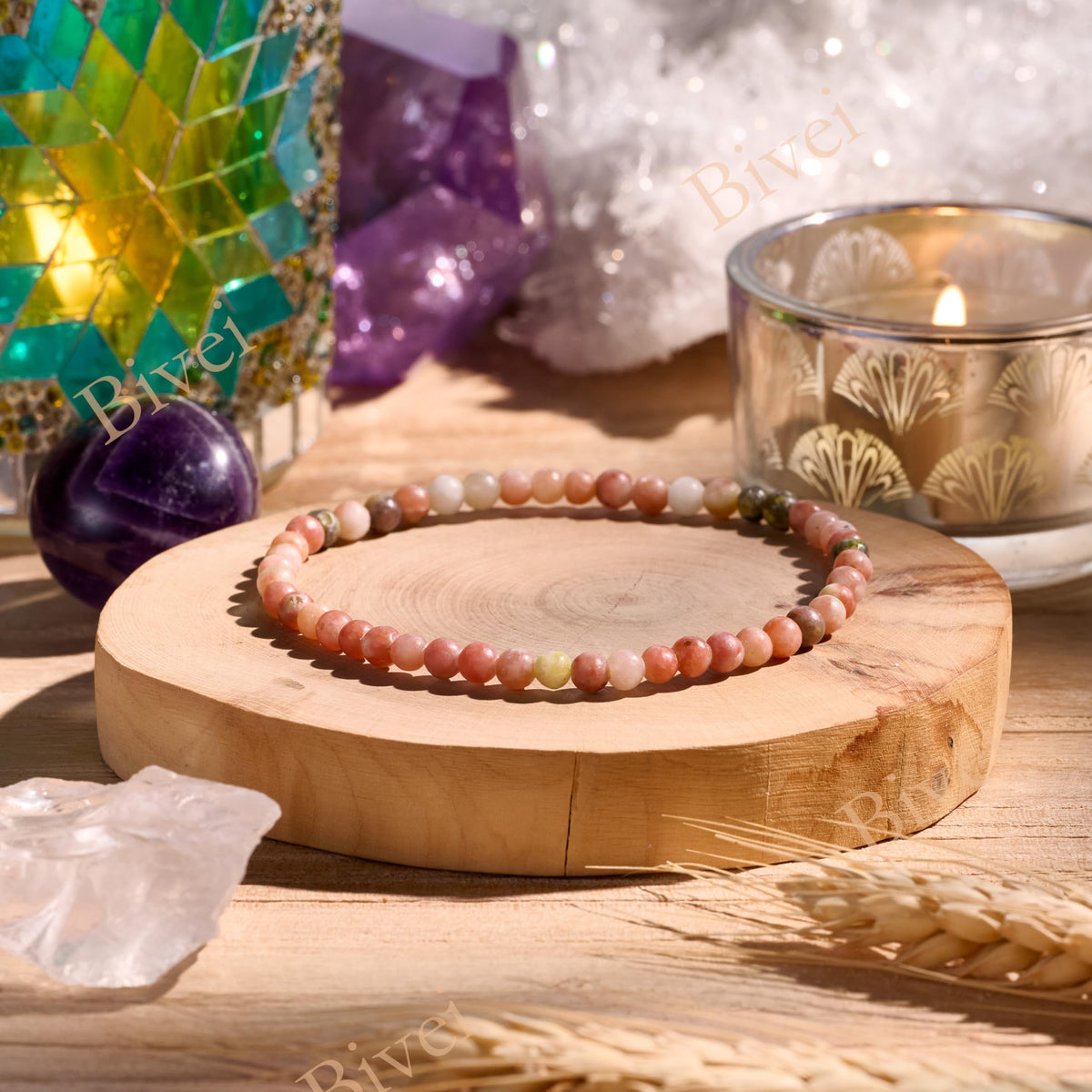 Bivei Plum Blossom Jade-Hope & renascence-4mm Beaded Bracelets for Women Handmade Semi Precious Natural Stone Stretch Elastic Jewelry Yoga Protection Gifts