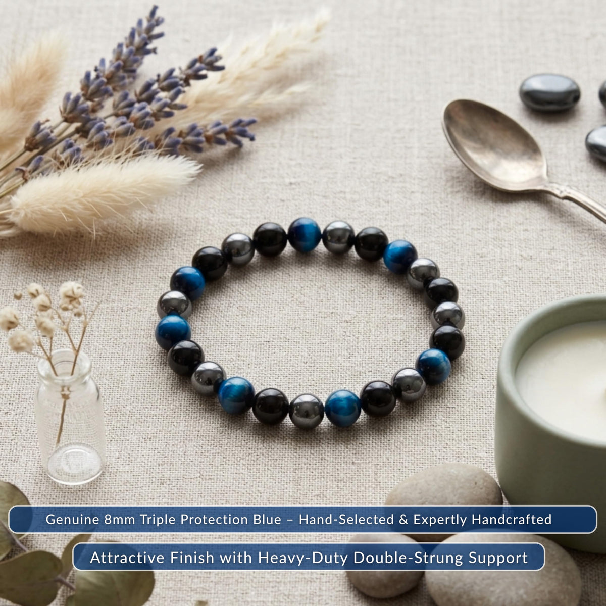 Cherry Tree Collection Triple Protection Blue Beaded Bracelet – Genuine 8mm Gemstone Stretch Bracelet for Men & Women – Handmade Crystal Bracelet - (Triple Protection Blue - M)