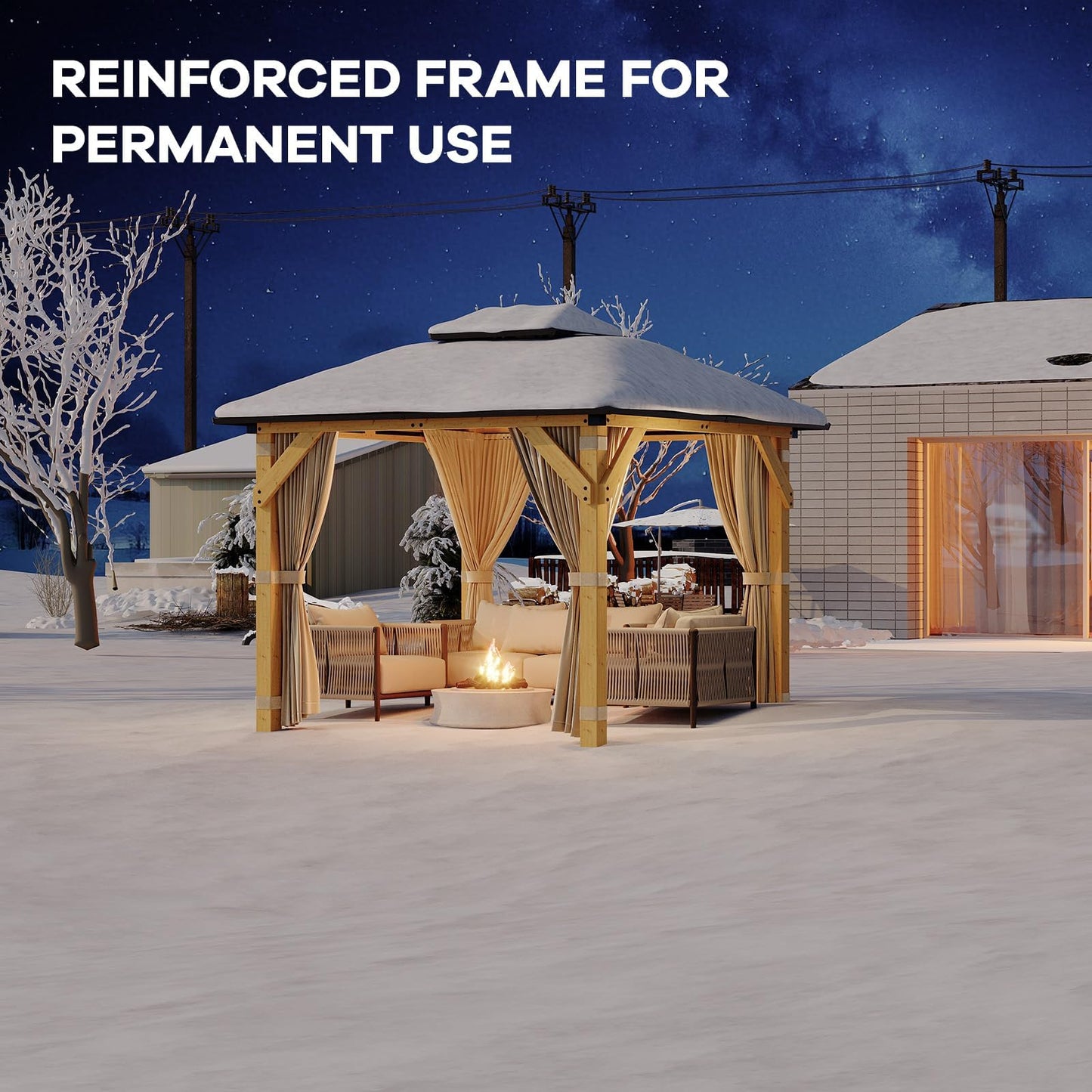 10x10 FT Outdoor Hardtop Wood Gazebo with Cedar Frame, Double Galvanized Steel Roof, Patio Pavilion with Curtains, Mesh Netting & Ceiling Hook for Backyard, Deck, Lawn, Garden