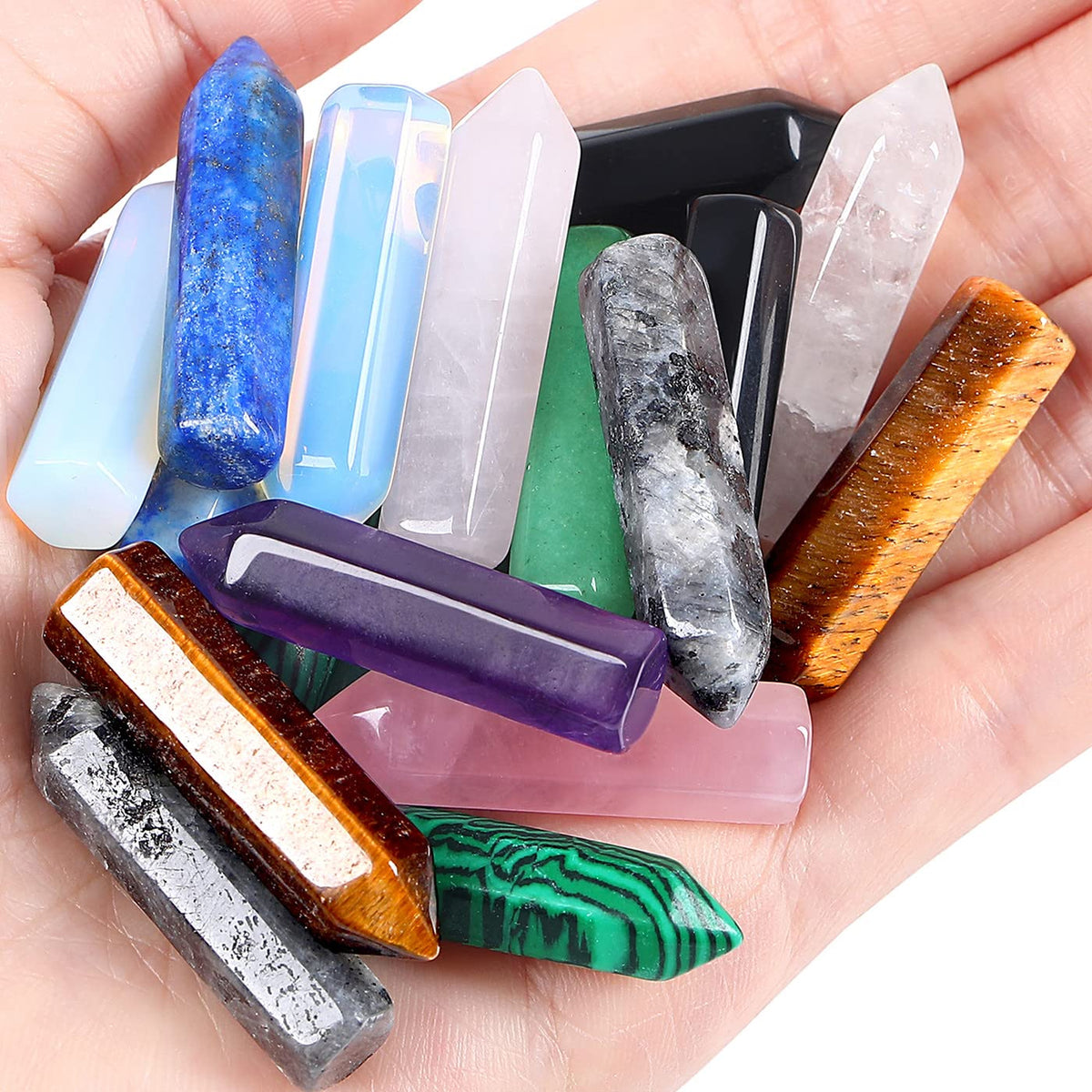 QINJIEJIE 10 PCS Healing Crystals Wands Mini Crystal Pocket Polished Tumbled Stones Rose Quartz Amethyst Assorted Bulk Natural Hexagonal Single Pointed Reiki Energy Balancing Meditation Therapy Gift