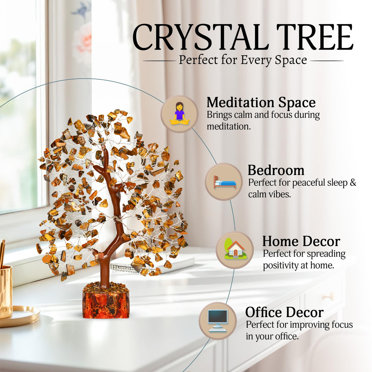 YATSKIA Tiger Eye Crystal Tree - Tree of Life - Tiger Eye Stone - Reiki Gifts - Gemstone Tree - Spiritual Decor - Crystal Decor - Chakra Decor - Metaphysical Gifts - Chakra Stones - Home Office Decor