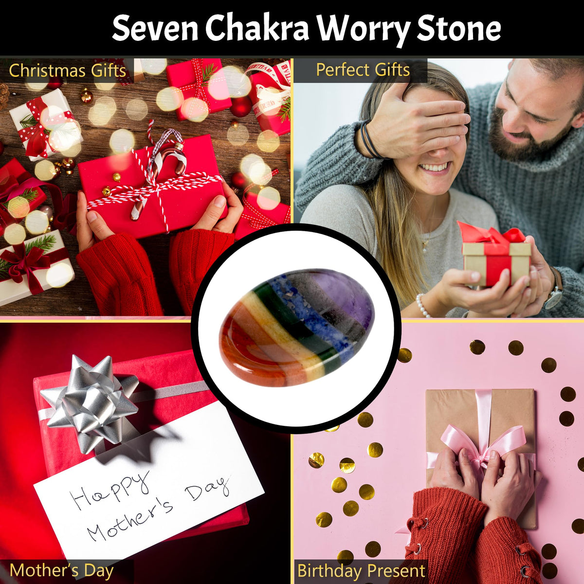 Anaya Agate Seven Chakra Worry Stones Certified Crystal Thumb Worry Stone for Anguish, Relaxing and Soothing Balance Stones for Meditation, Stress Relief Crystals and Healing Stones for Men, Women