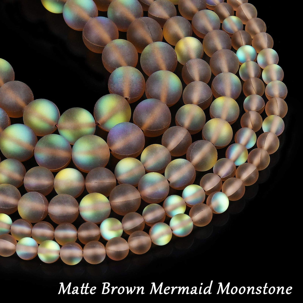 Matte Brown Aurora Crystal Glass Beads, 6MM Frosted Glitter Shining Mermaid Round Loose Beads, Rainbow Holographic Synthetic Moonstone for Jewelry Making DIY Bracelet