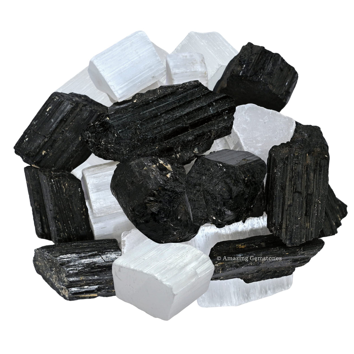 Amazing Gemstone Black Tourmaline Selenite Crystal - 1/2 lb Bulk Raw Black Tourmaline Crystals and Selenite Healing Crystals for Protection, Crystal Grid, Energy Piedra Selenita Original