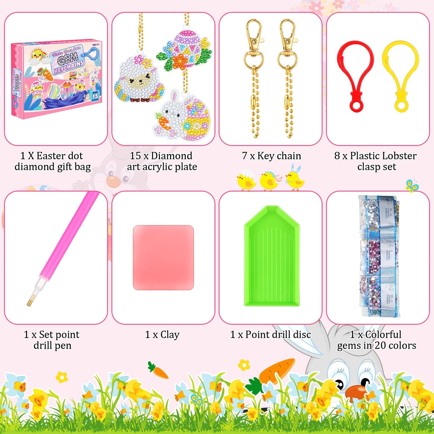 Inbagi 15 Pcs Easter Diamond Painting Keychains 5D Easter Egg Full Drill Making Key Chains Key Ring Diamond Art Keychains Pendant DIY Diamond Decorative Accessories for Easter Holiday(Cute Style)