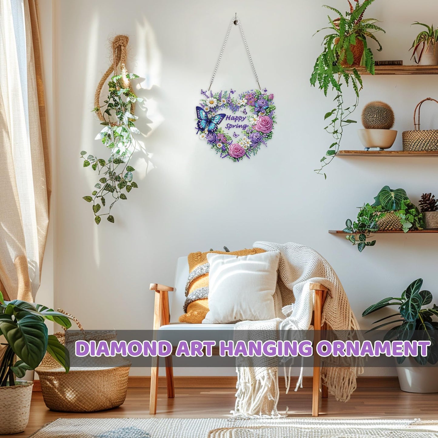 MEIYUDA Flower Wreath Diamond Art Hanging Kits for Adult, Happy Spring Diamond Painting Hanging Kits Ornaments, DIY Special Shaped Rhinestone Window Pendants Kit for Home Garden Wall Decor
