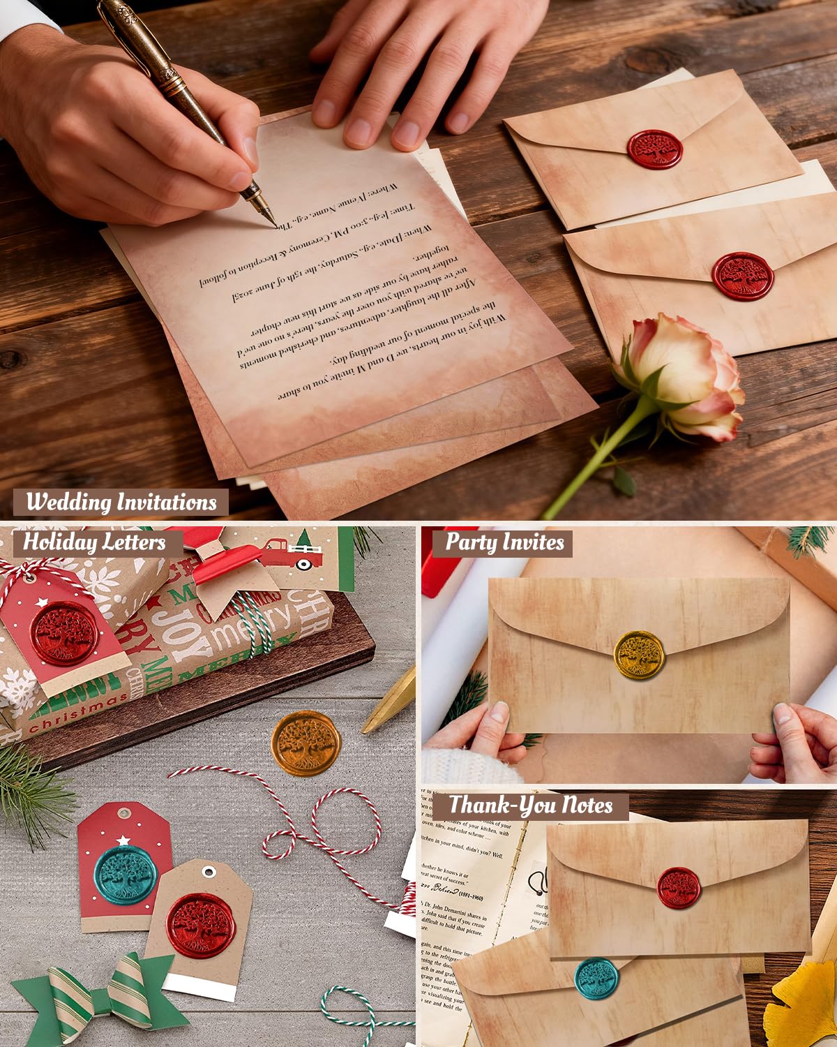 Comealltime 42Pcs Vintage Paper and Envelopes Set, 15 Stationary Letter and Envelopes, 8 Wax Seal Sticks, Wax Spoon, Life Tree Stamp and 2 Tea Candles for Xmas Wedding Party Invitation Love Letter