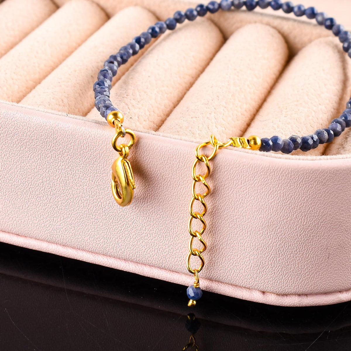 Natural Blue Sapphire Gemstone Micro Beads Dainty Bracelet Jewelry for Women, September Birthstone, Chakra Energy Crystals, 14k Gold Plated Chain 8 inch Adjustable