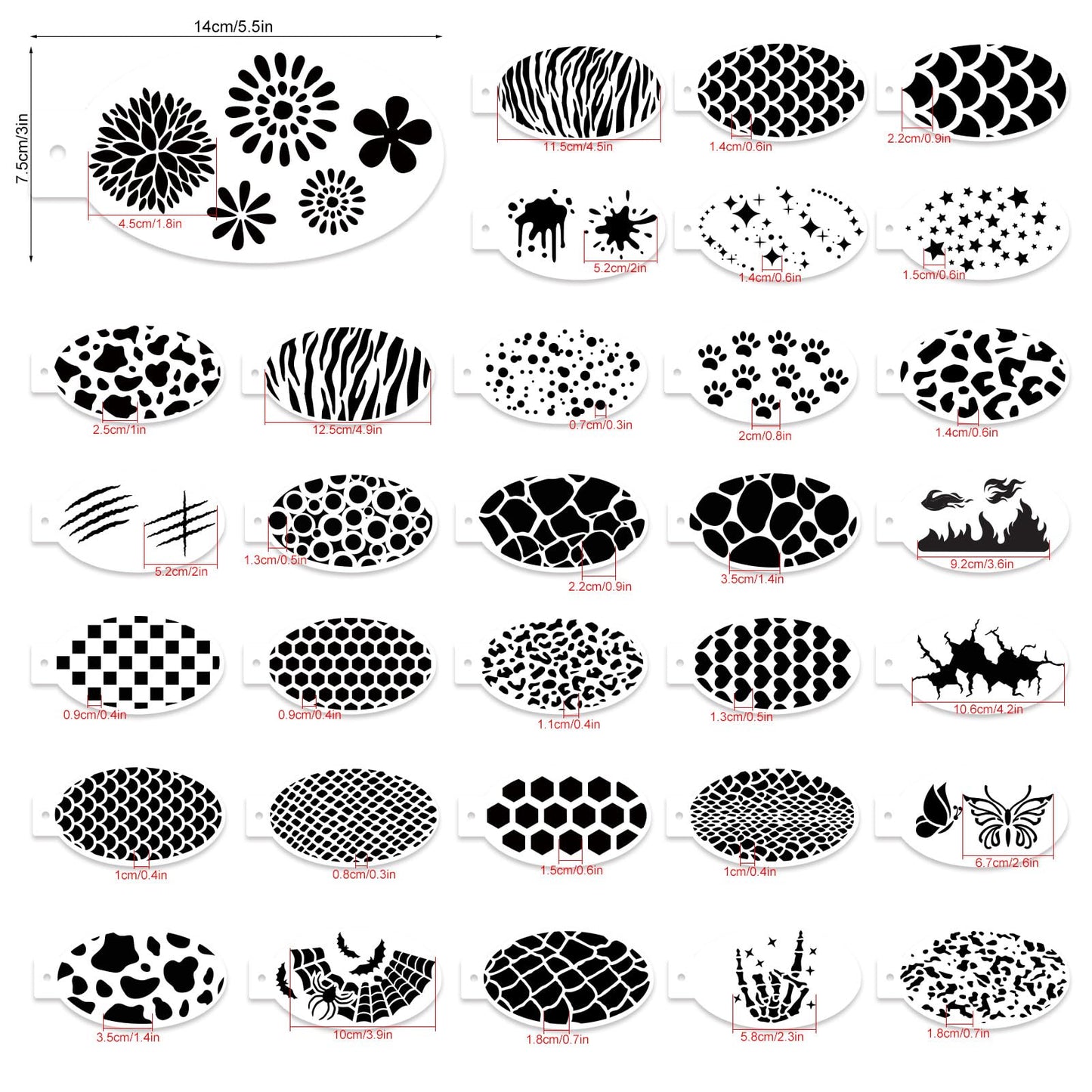 32 Pcs Halloween Face Painting Stencils 3"x5.5", Body Facial Painting Stencils, Reusable Mermaid Scale Leopard Cracks Claw Stencils Makeup Kit Face Tracing Stencils for Holiday Halloween Party