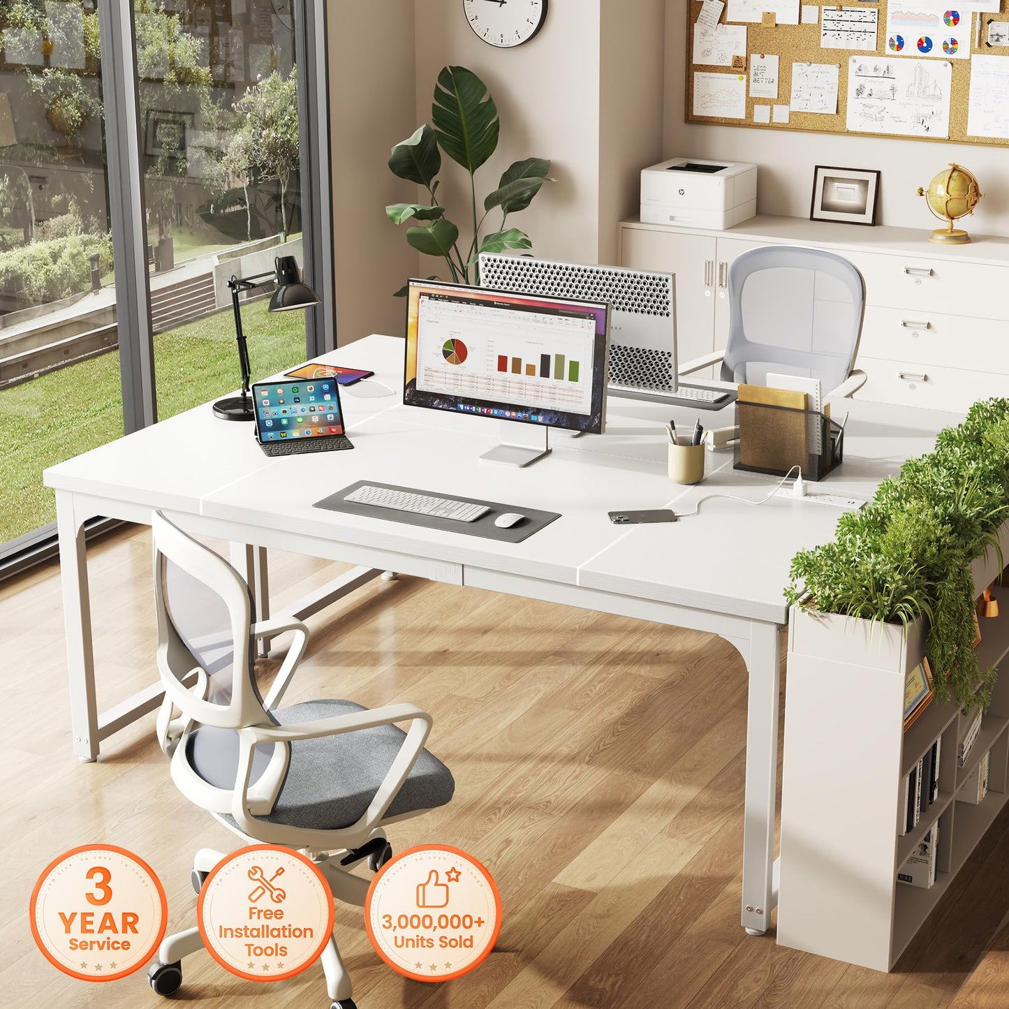 Huuger 63 x 24 inch Desk with Power Outlets & USB-C, Deeper & Thicker Desktop, Robust Metal Tubes, Computer Desk, Heavy Duty Office Desk, Work Gaming Desk, for Home Office, White