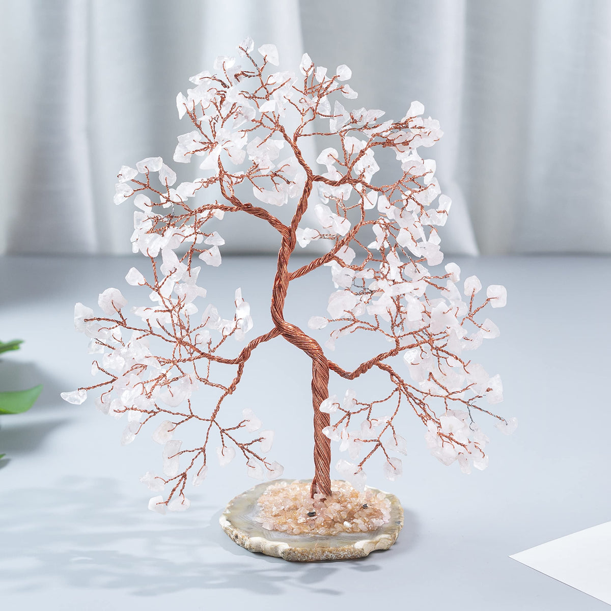 Rose Quartz Gemstone Tree of Life - Geode Agate Slice Base, Handmade Crystal Tree, Pink Healing Stone for Heart Chakra Unconditional Love - Relationships, Attract Good Luck, Self-Love, Gift
