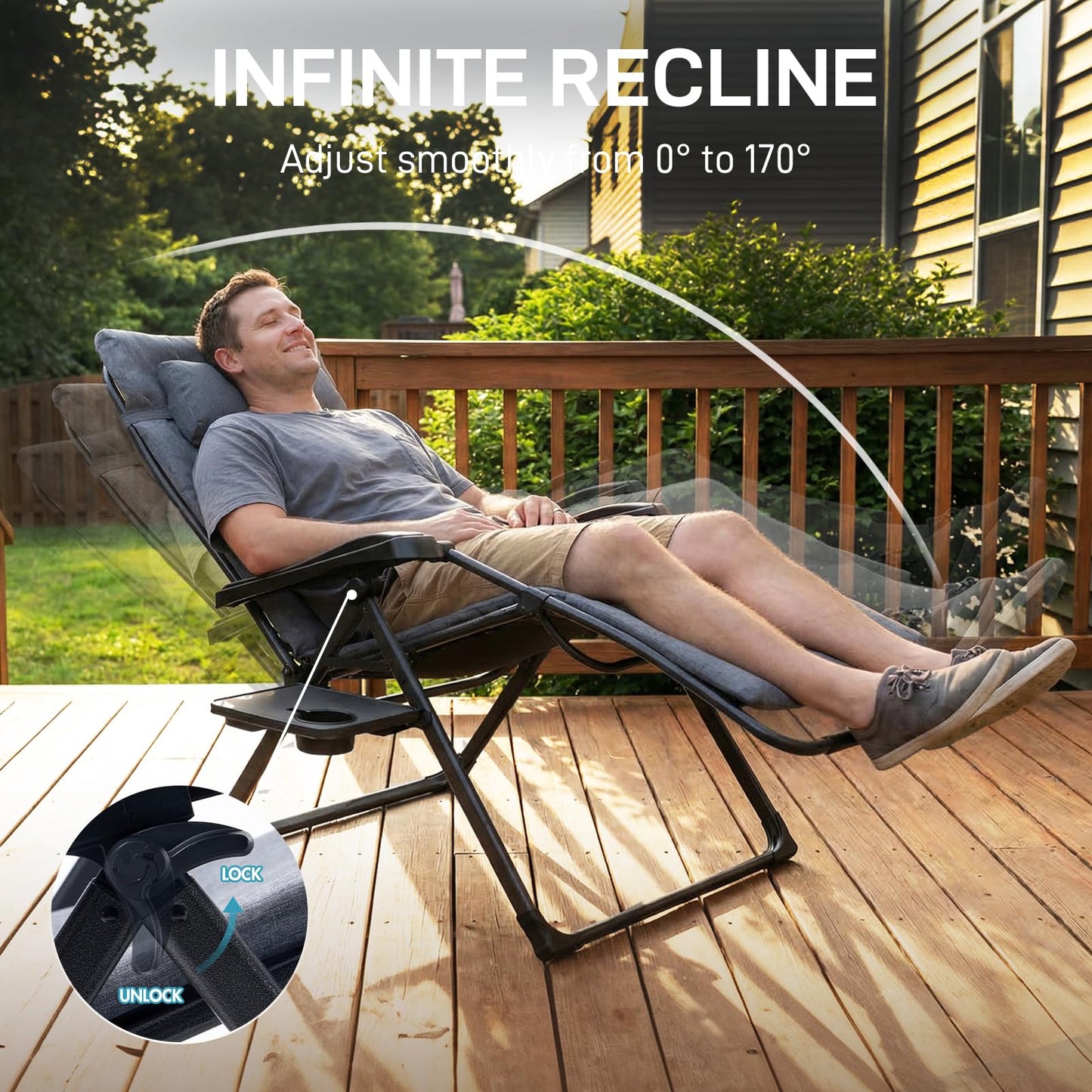 EVER ADVANCED Aluminum Zero Gravity Chair Oversized, Thick Padded Reclining Lounge Chair with Adjustable Headrest & Side Table, Heavy Duty Support 350 lbs, Foldable for Outdoor & Indoor, Gray-2 Pack