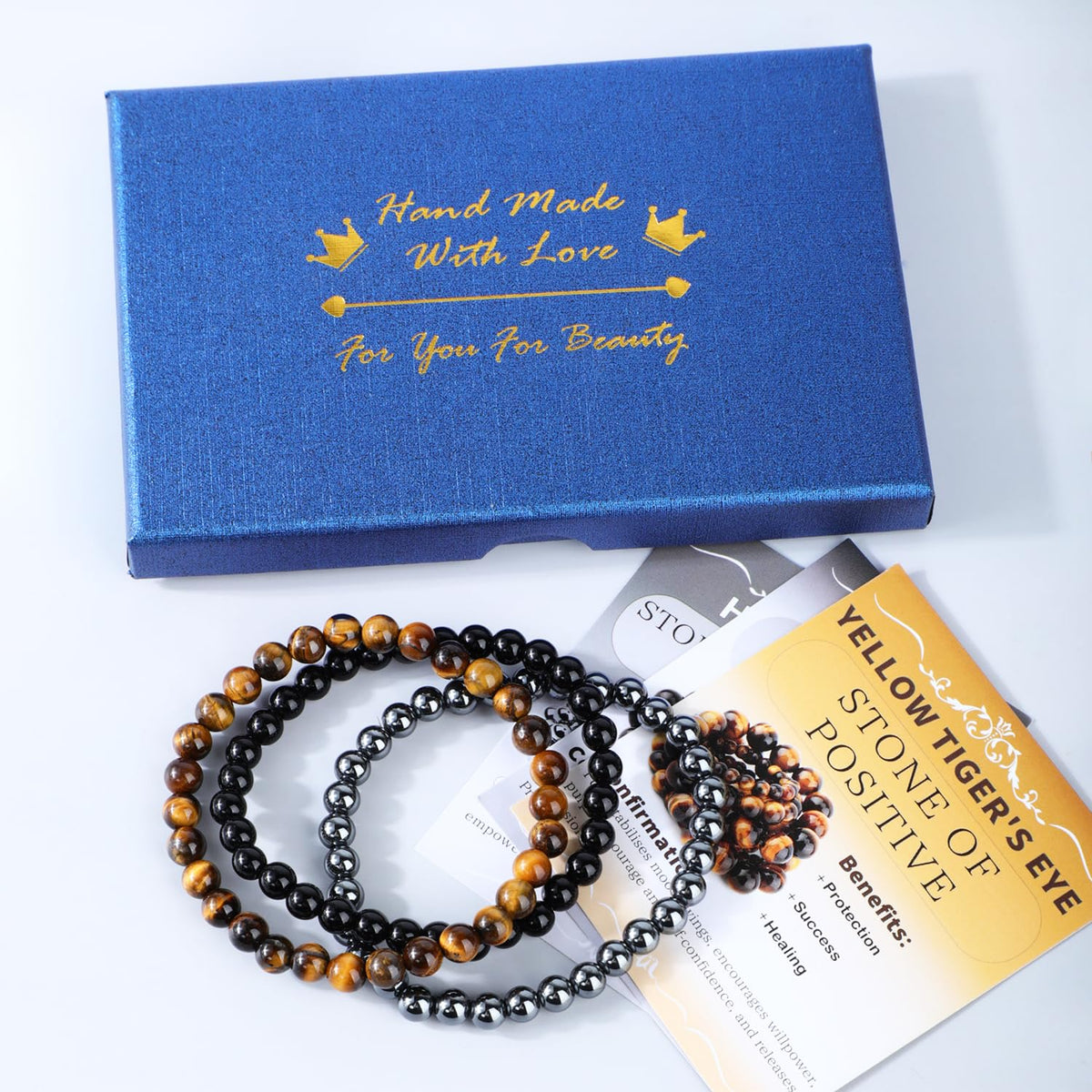 CMBYN 3-Pieces 6mm Natural Crystal Gemstone – ﻿Black Onyx, Hematite, Yellow Tiger's Eye Handmade Reiki Energy Healing Stretch Bracelets Jewelry for Yoga, Meditation, Unisex