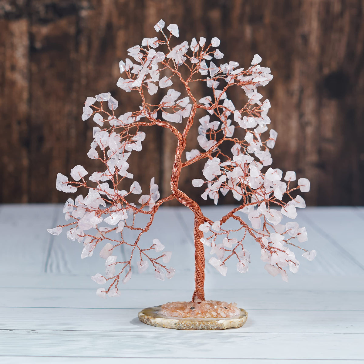 Rose Quartz Gemstone Tree of Life - Geode Agate Slice Base, Handmade Crystal Tree, Pink Healing Stone for Heart Chakra Unconditional Love - Relationships, Attract Good Luck, Self-Love, Gift