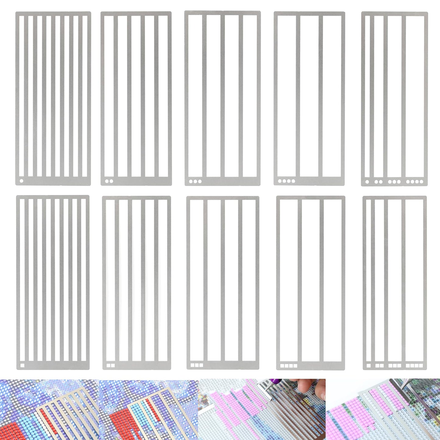 10 Pieces Diamond Painting Ruler Stainless Steel DiamondArt Ruler Alignment Tool, 1/2/3/4 Row for Round and Square Diamond Painting Tools for Full or Partial Diamonds, Diamond Painting Guide