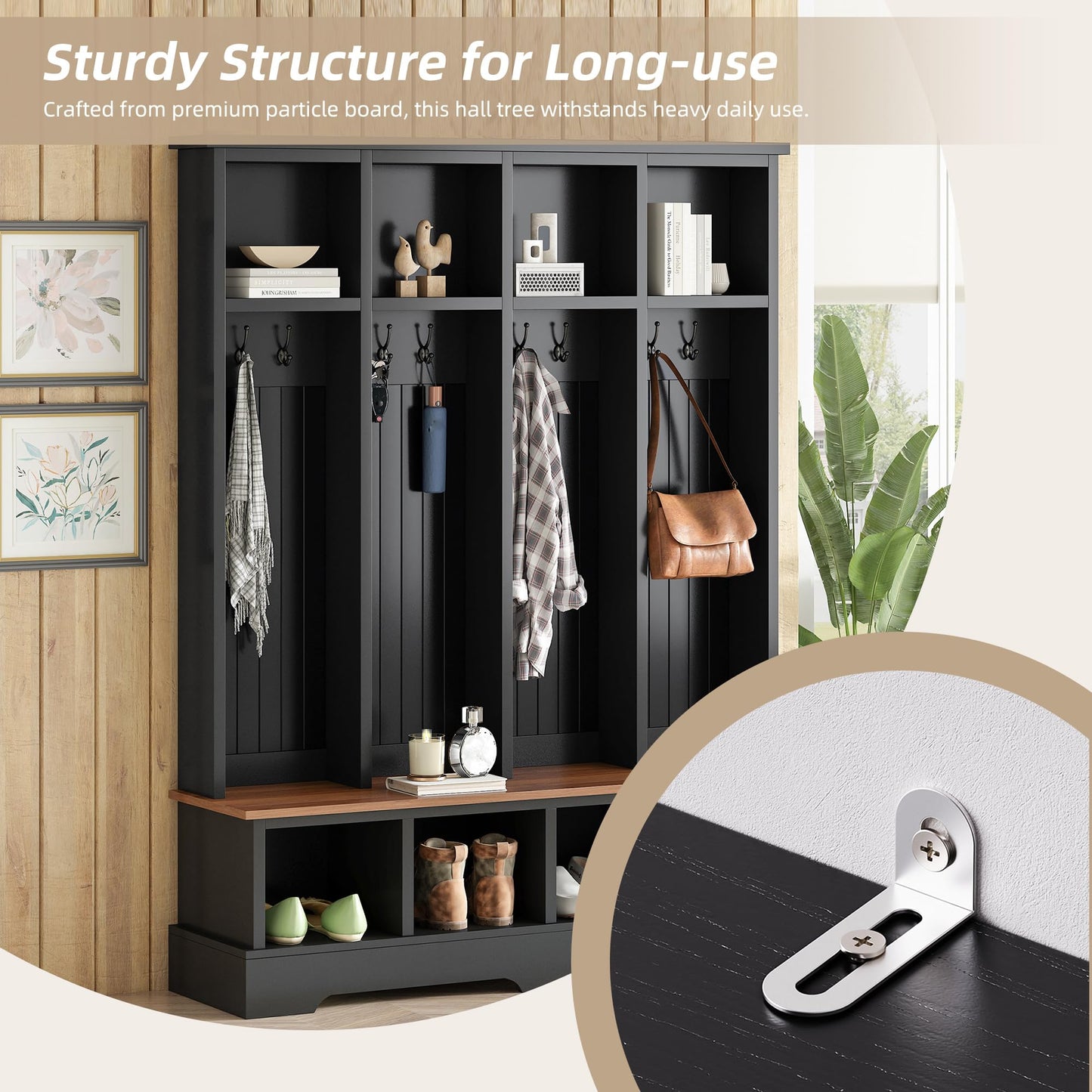 WZONICE98 76.7" Hall Tree with 8 Hooks, Farmhouse Entryway Bench with Shoe Storage Compartments, 3-in-1 Coat and Shoe Rack for Mudroom, Living Room, Black