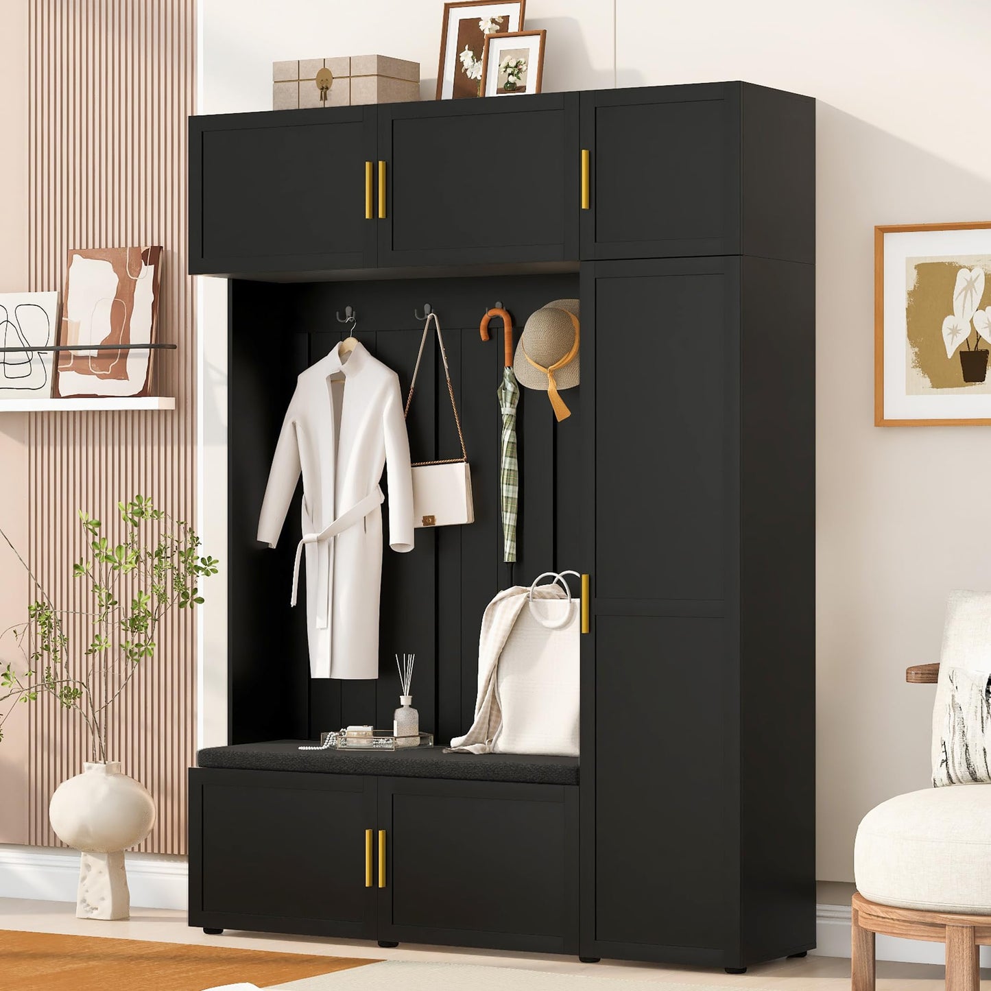 Shaical Hall Tree with Padded Bench and Shoe Storage, 4-in-1 Entryway Bench with Multi-Tier Storage Shelves & Cabinets, 4 Hooks, 79.7" H Wooden Storage Organizer for Entrance, Hallway, Mudroom, Black