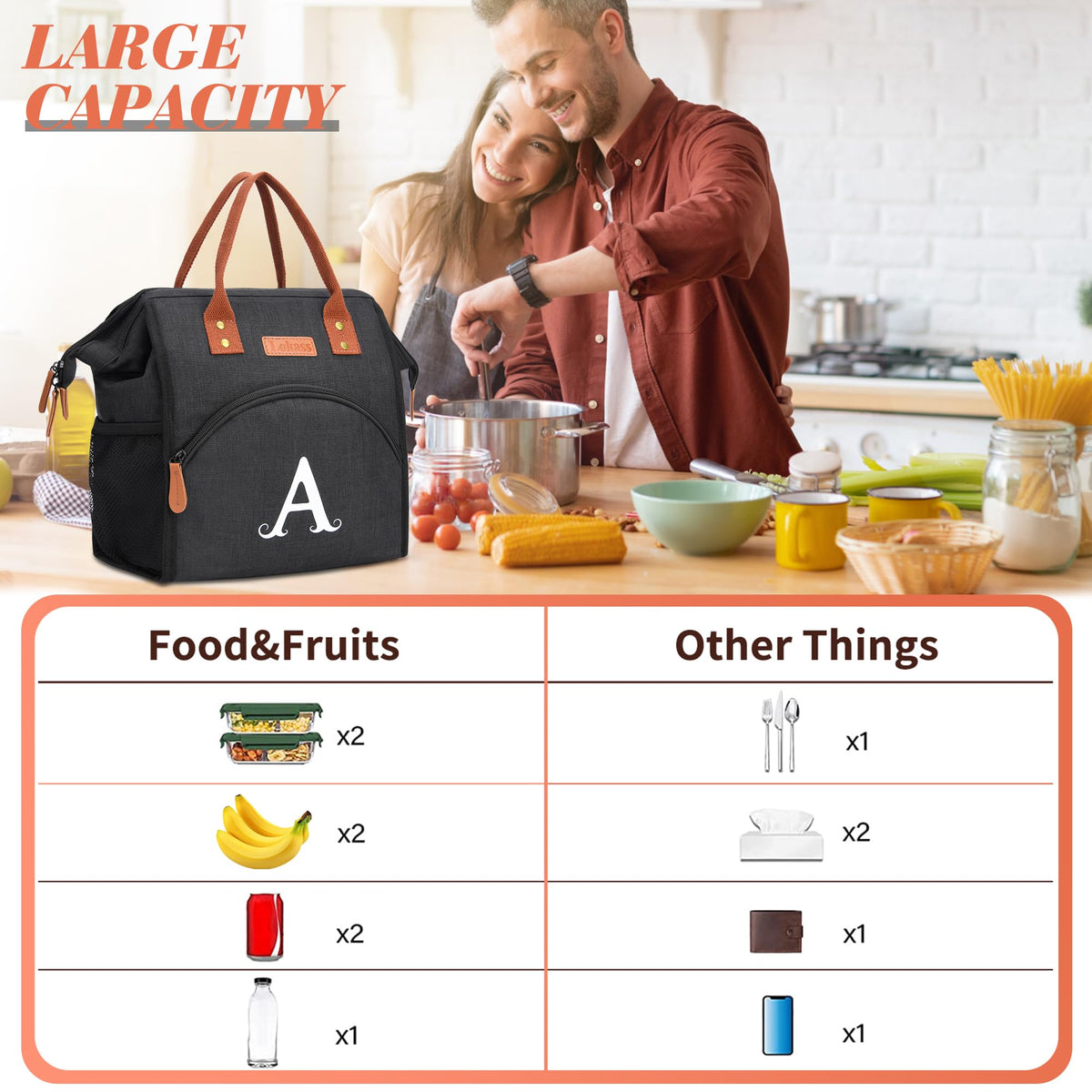 Personalized Lunch Box for Women, Initial Reusable Insulated Lunch Bag, Wide-Open Adult Lunchbox Cooler Lunchbag, Leakproof Lunch Tote for Picnic Work Outdoors, Christmas Gift for Women, Black - E
