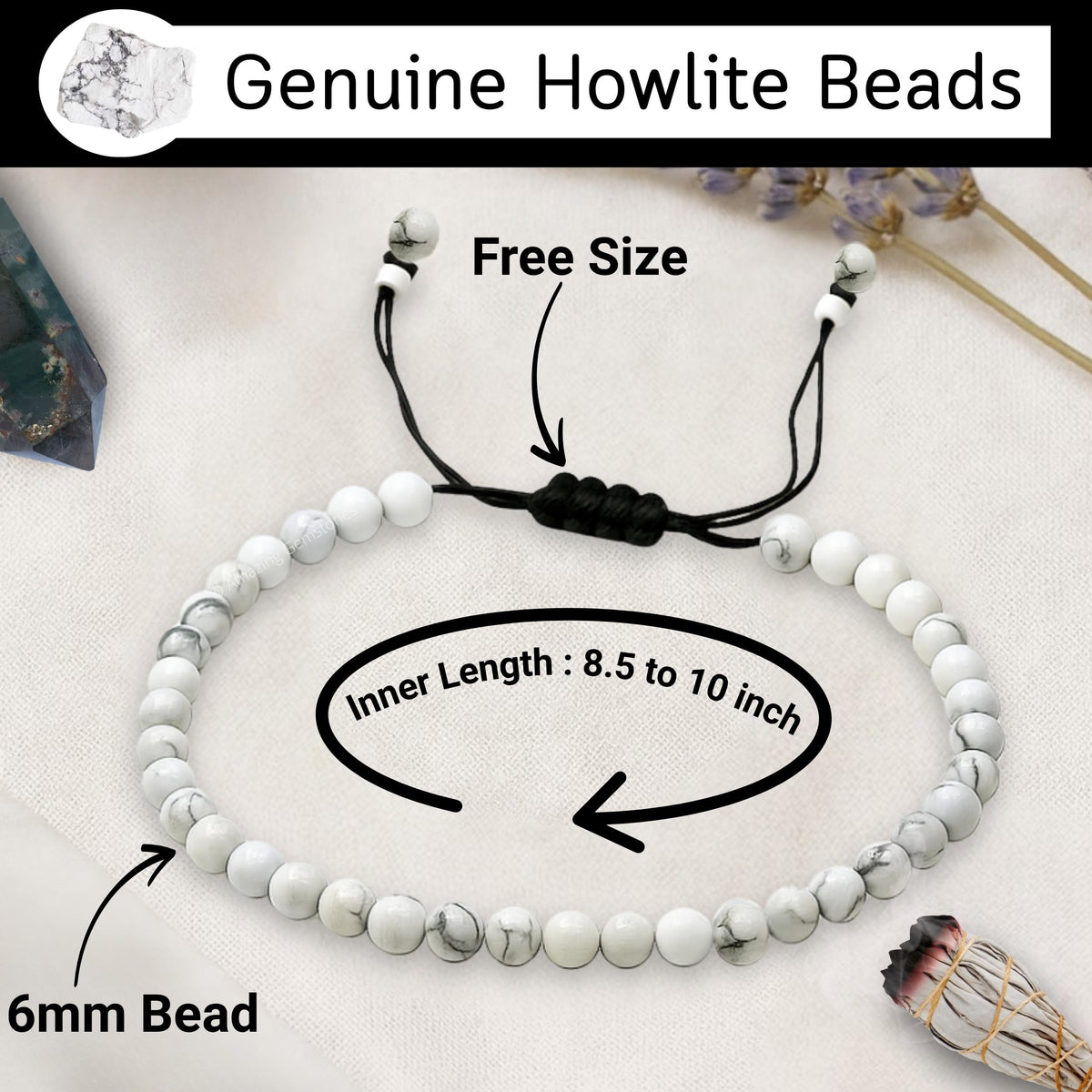 Amazing Gemstone Howlite Anklet Ankle Bracelets for Women - Waterproof Beaded Healing Crystal Anklets, Plus Size Chakra Gemstone Bead Anklet (Stretchy Adjustable - Plain)
