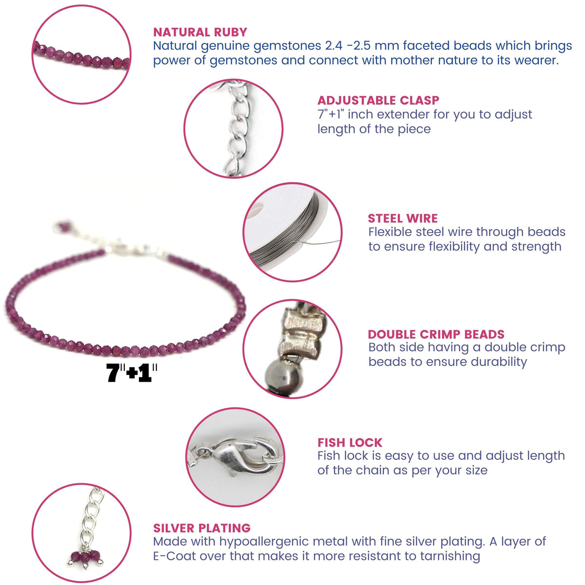 Gempires Handmade Ruby Gemstone Beaded Bracelet for Women | 2.4–2.5 mm Faceted Natural Stone | Adjustable 7+1 Inch Silver Plated Chain | Dainty Minimalist Stacking Jewelry | July Birthstone Gift