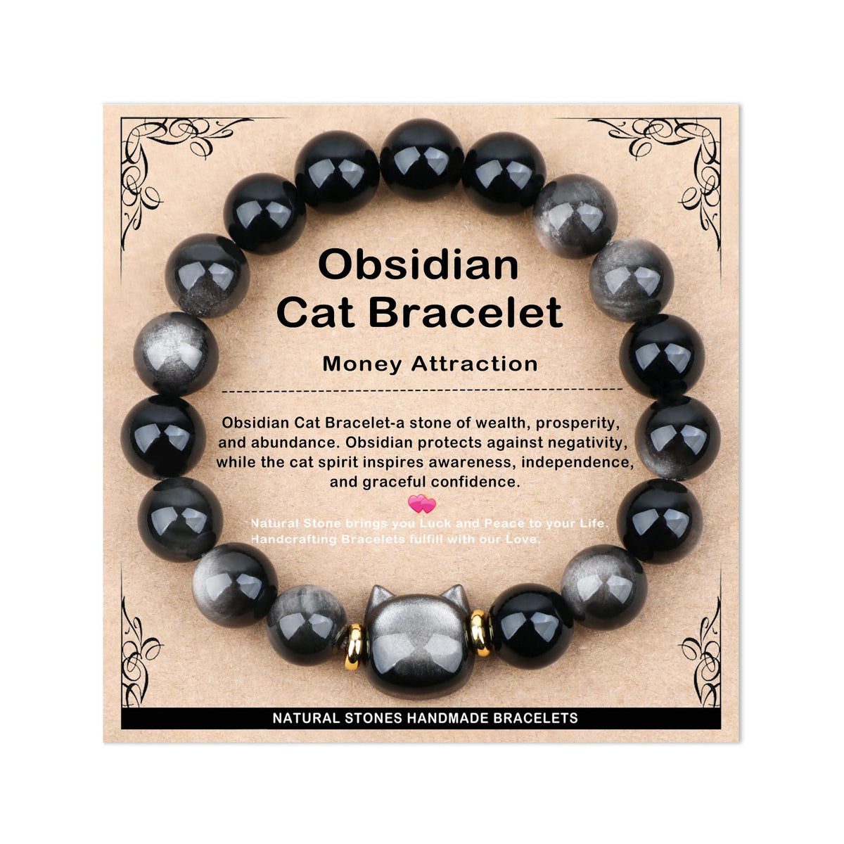 AD Beads 10mm Handmade Obsidian Cat Bracelet Elastic Bracelet – Natural Gemstone for Money Attraction – Meditation, Yoga, Healing and Energy Gift for Men Women