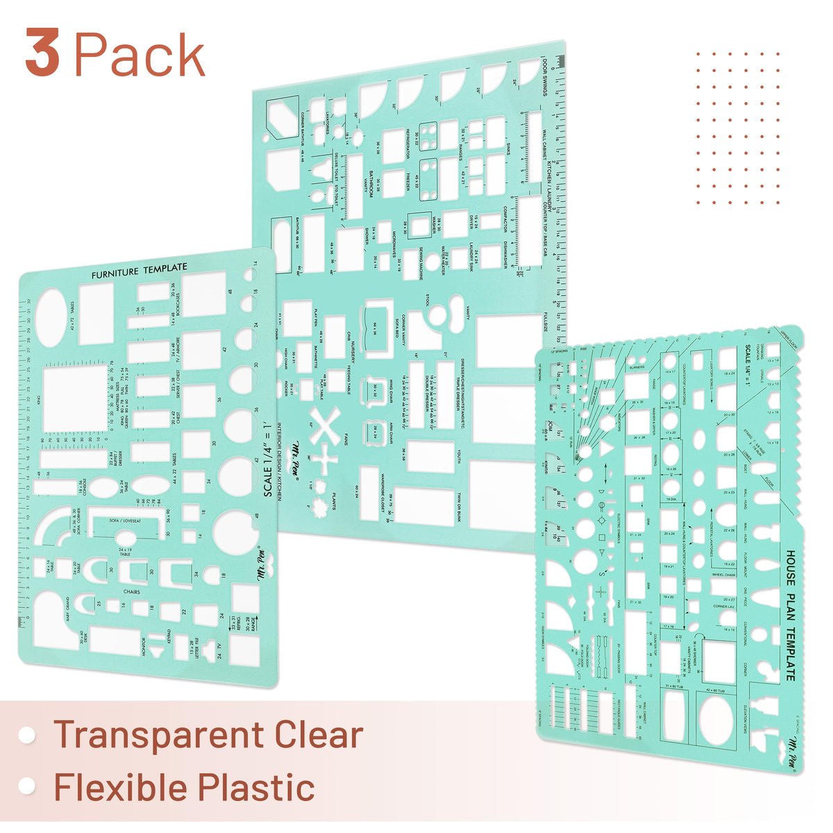 Mr. Pen- House Plan, 3 pcs, Interior Design and Furniture Templates, Clear Flexible Plastic, Drafting Tools, Ruler Shapes for Architecture, 1/4 Inch Scale, Kitchen, Bath, Bedroom, Office, Living Room
