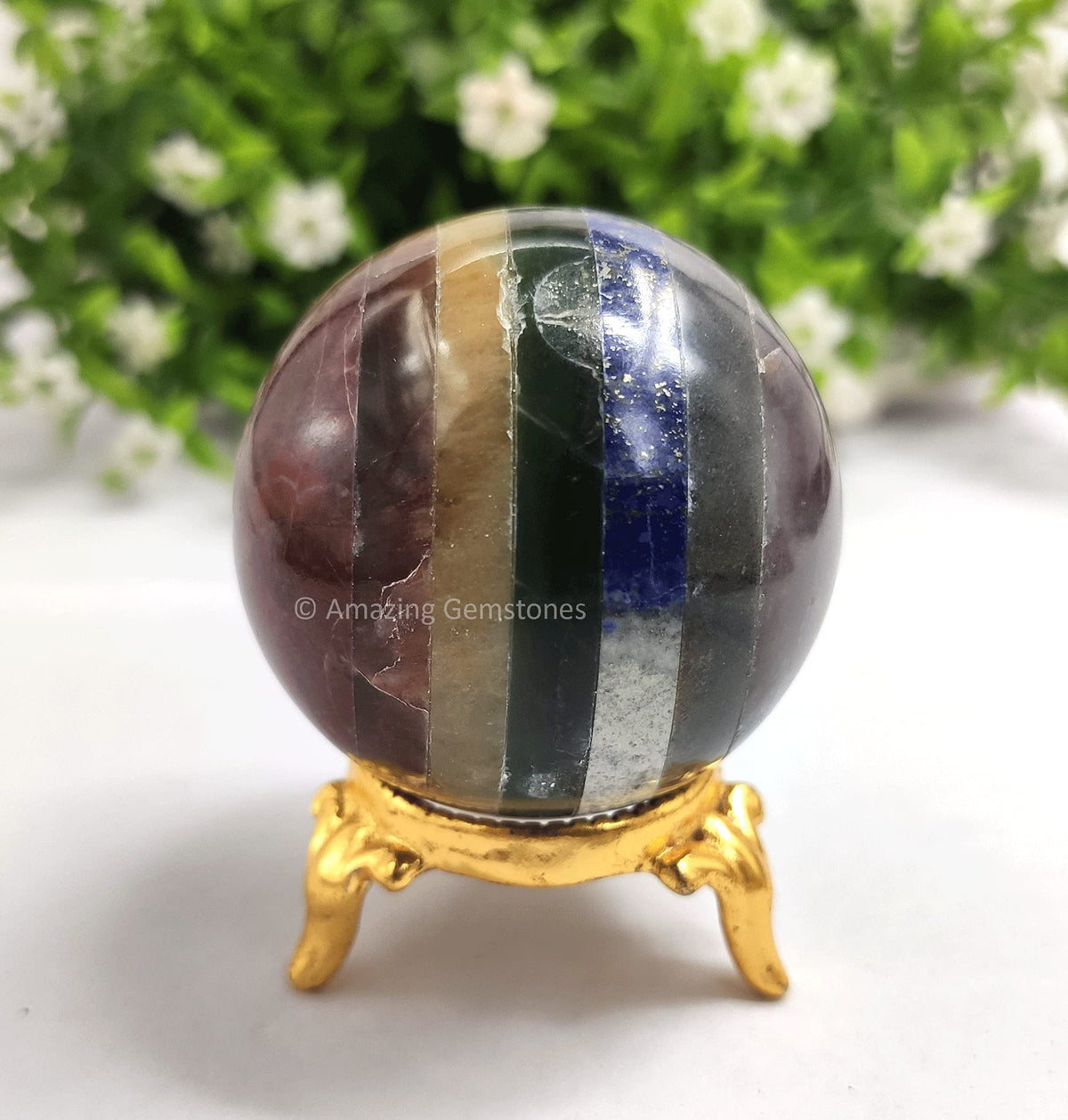 Amazing Gemstone Seven Chakra Crystal Sphere Round Ball with Sphere Holder Stand, Natural Healing Stone Sphere for Massage Meditation Crystal Grid Witchcraft Supplies Reiki Yoga
