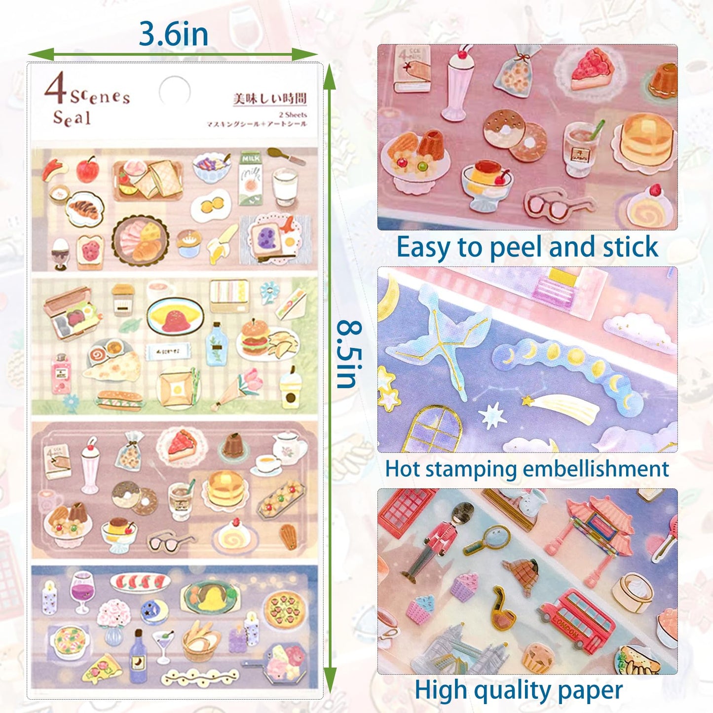 Beautiful Japanese Aesthetic Washi Stickers Set with Gold Foil 12 Sheets 6 Scenes and 6 Mini Stickers for Travel Food Ocean Seasonal and City Themes Perfect for Journals Scrapbooks and Planners