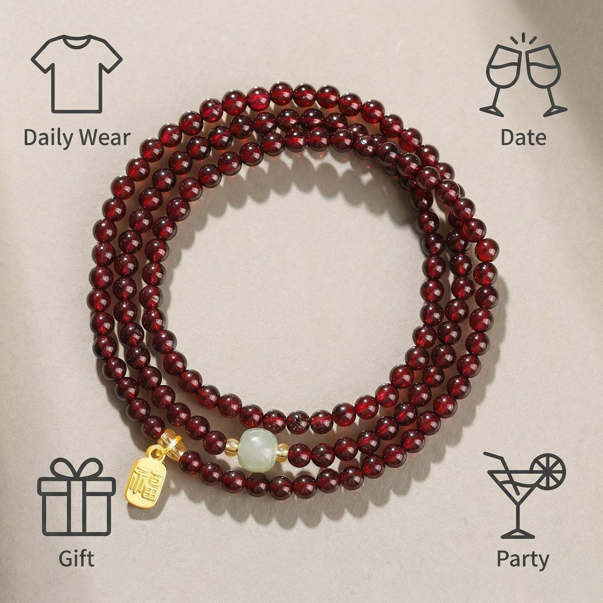 CNYTPE Garnet Bracelet for Women – Red Garnet Jewelry, Healing Crystal Bracelet, Handmade Gemstone Jewelry, Symbol of Love, Happiness & Harmony (4mm Garnet & Nephrite Multi-Strand)