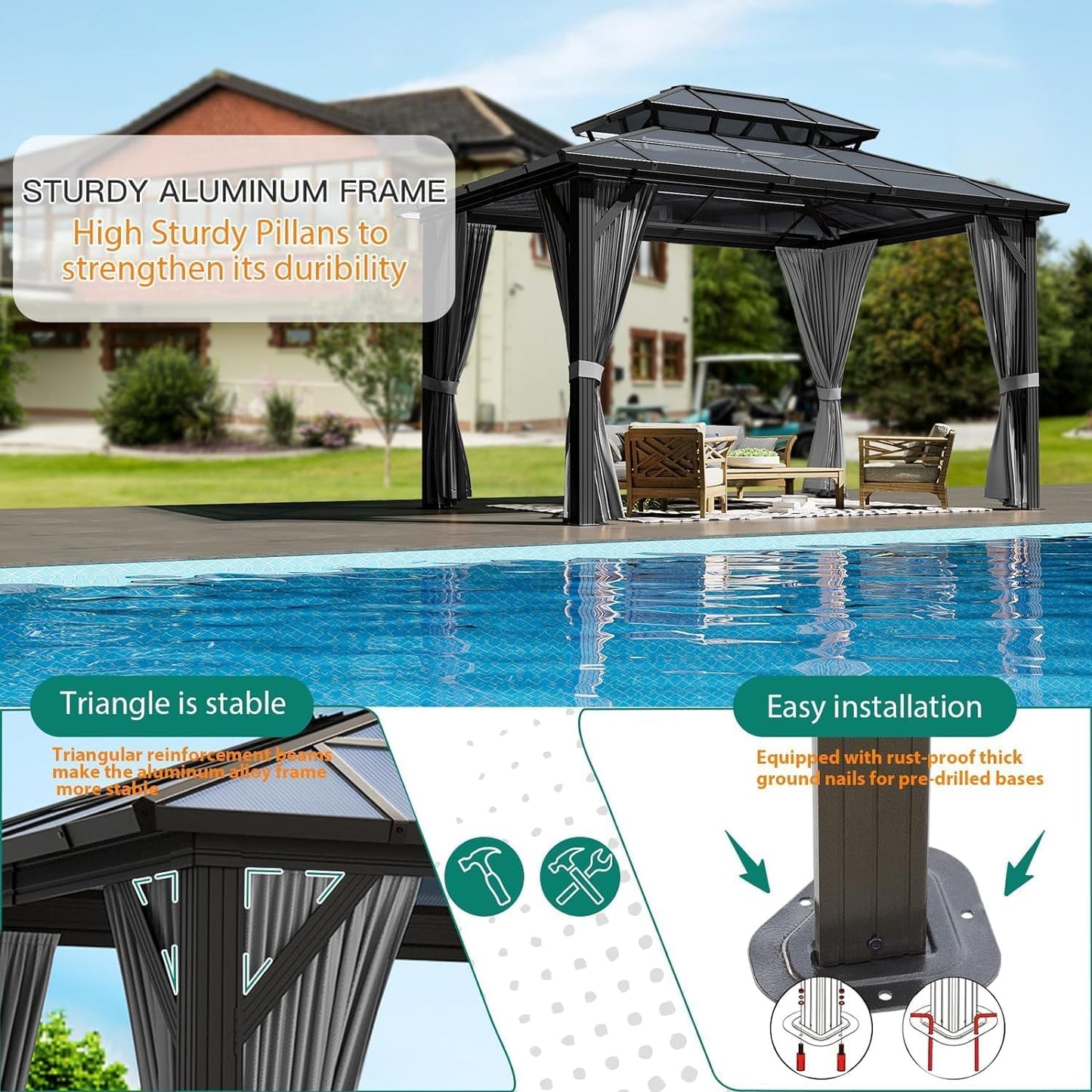 Hardtop Gazebo 10'x12' Double-Layer Polycarbonate Double Roof, Aluminum Frame Pavilion with Privacy Curtains and Netting All-Season for Patio, Garden, Hot Tub & Backyard
