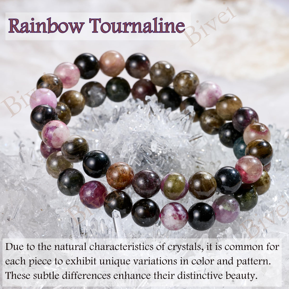 Bivei Rainbow Tournaline - Balance - 8mm Beaded Bracelets for Women Handmade Semi Precious Natural Stone Stretch Elastic Jewelry Yoga Protection Gifts