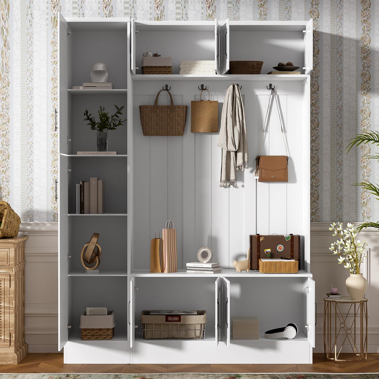 Hall Tree with Bench and Shoe Storage, Entryway Coat Rack with Storage, 4-in-1 Entryway Bench with 6 Cabinets, 4 Coat Hooks & Adjustable Shelf, Mudroom Bench with Storage and Hooks for Hallway, Livin