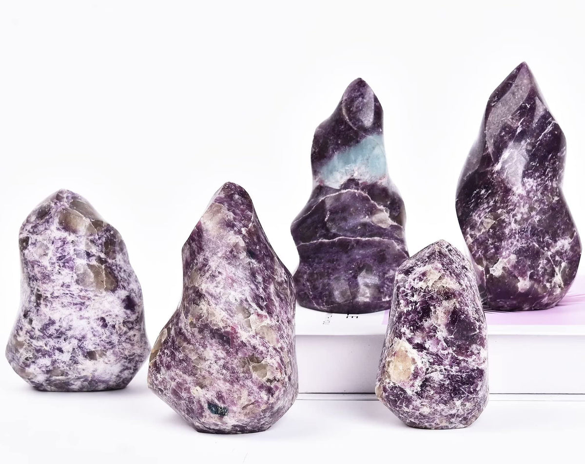 AMOYSTONE Purple Lepidolite Crystals Tower Flame Shaped Stone Energy Meditation Healing Crystal Home Decor 1.5-2.2 Pound
