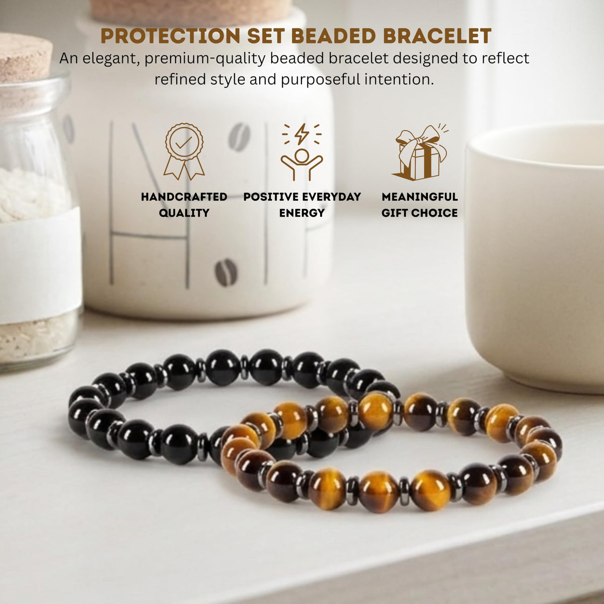 Cherry Tree Collection Protection Set (Black Obsidian & Tiger’s Eye) – Genuine 8mm Gemstone Stretch Bracelet for Men & Women – Handmade Crystal Bracelet - (Protection Set - M)