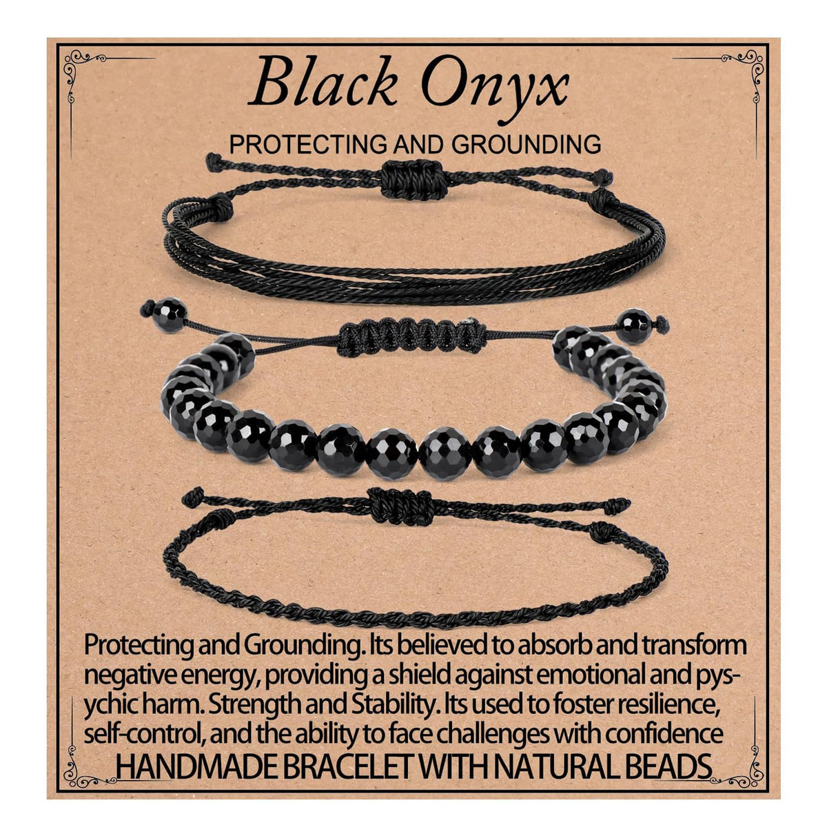 QOGIR Handmade Healing Bracelets,8mm Natural Faceted Black Onyx Gem Stone Beads Bracelet for Men Women Gifts with 2PCS Size Adjustable Rope Bracelets