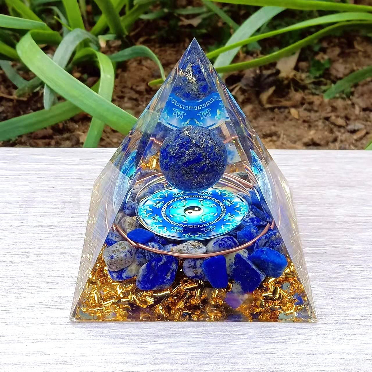 ycyingcheng Moonstone Crystal Orgone Pyramid Ogan Crystal Energy Tower, Nature Reiki Chakra Crushed Stone Jewelry, Crystal Pyramid for Home Decor Lapis Lazuli
