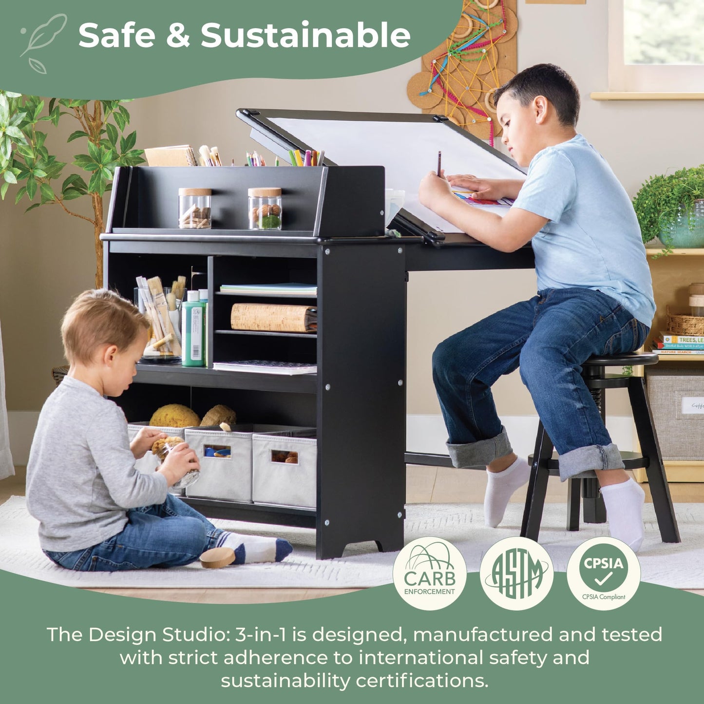 Guidecraft Design Studio – Black: 3-in-1 Kids Art Table & Stool Set, Writing, Crafting, Painting & Drafting Table for Kids with Craft Storage & Bins, Art Easel with Paper Roll, Toddler Activity Desk