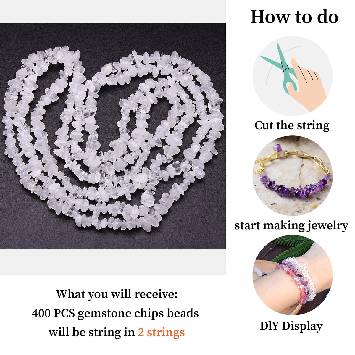 400pcs Natural Chip Stone Beads for Jewelry Making Clear Quartz 5-8mm Irregular Gemstones Healing Crystal Loose Rocks Bead Hole Drilled for Ring Earrings Necklace Bracelet Making DIY Art Crafts
