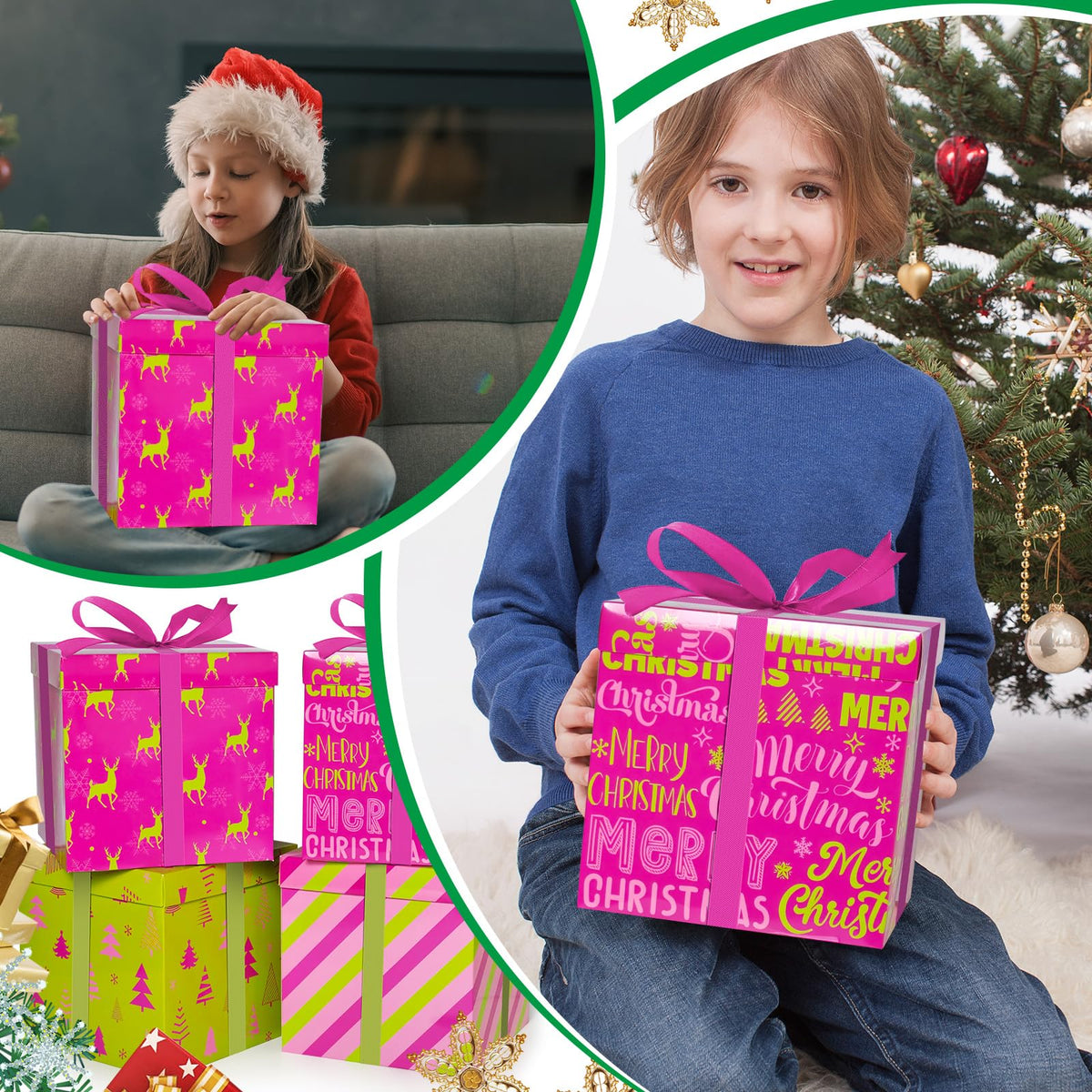 Cinrobiye 4 Pcs Christmas Gift Boxes with Lid,Ribbon and Tissue Papers,9" Black and White Christmas Winter Square Cardboard Box for Gift Wrapping Holiday Present Birthday Assorted Design (Green Pink)