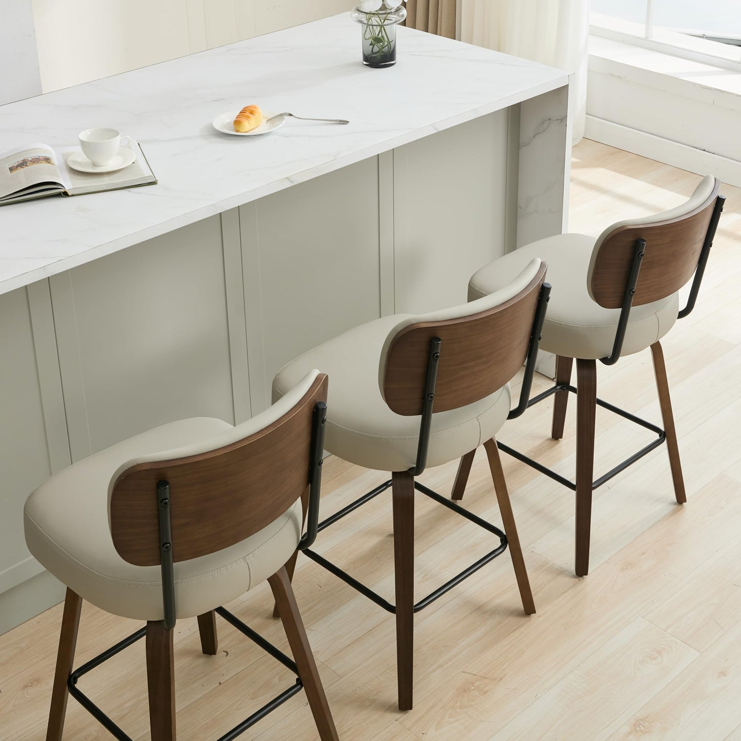 Arvasslia Swivel Bar Stools Set of 3, 26" Upholstered Counter Height Bar Stools with Back and Walnut Wood Legs, Faux Leather Barstools for Kitchen Counter, Beige Gray