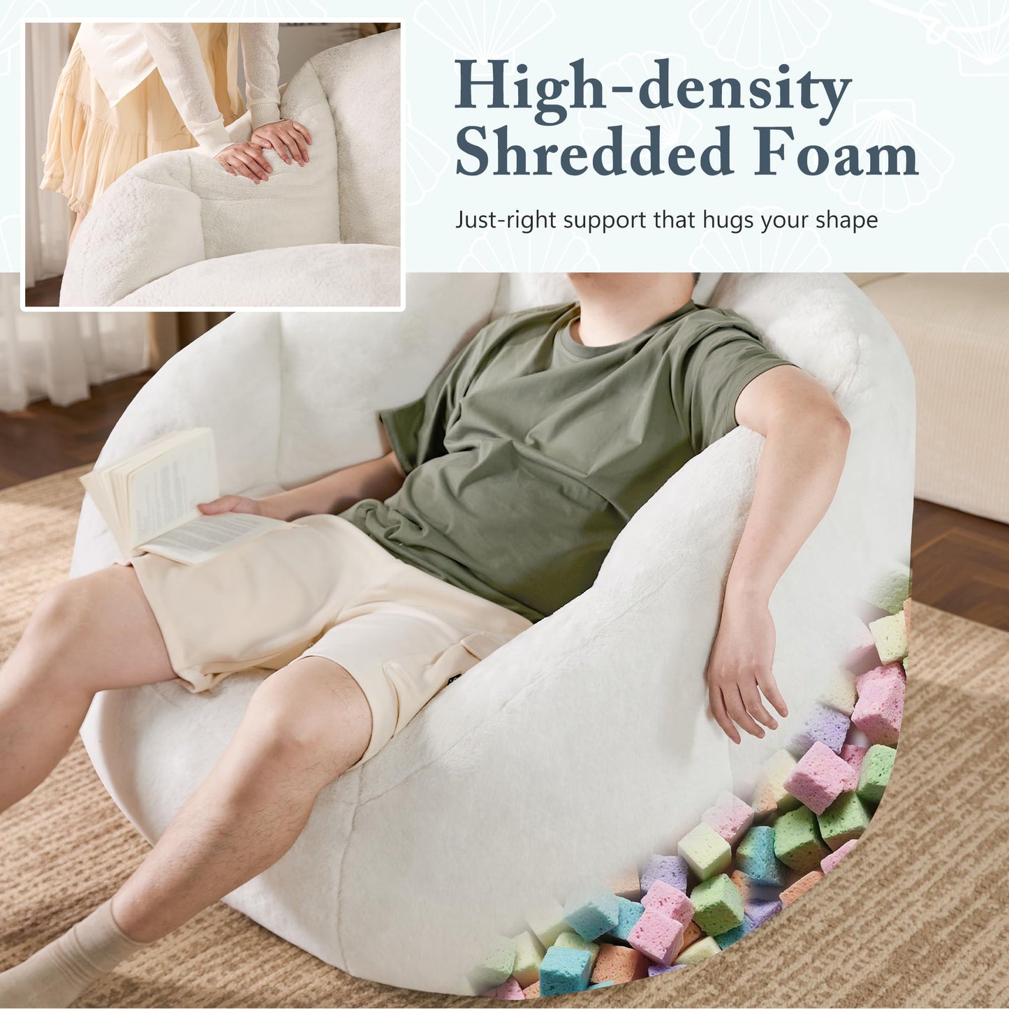 GRANDJOY Oversized Bean Bag Chair with Premium Foam Filling, Comfy Lounger for Adults & Kids, Beige