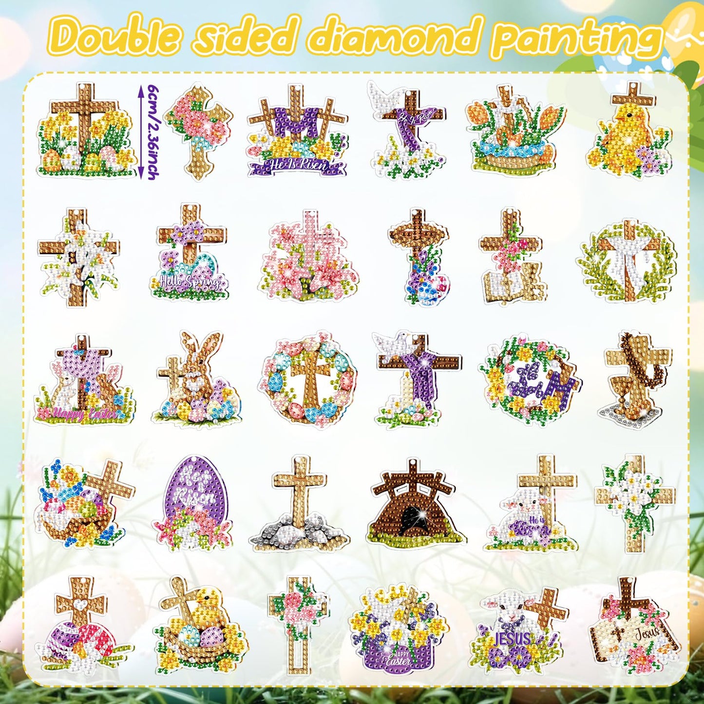 WILLBOND 30 Pcs Easter Diamond Art Keychain Kits He is Risen 5d DIY Double Sided Diamond Painting Keychain Religious Christian Cross Hanging Ornaments for Adults Beginners Key Ring Pendant Crafts