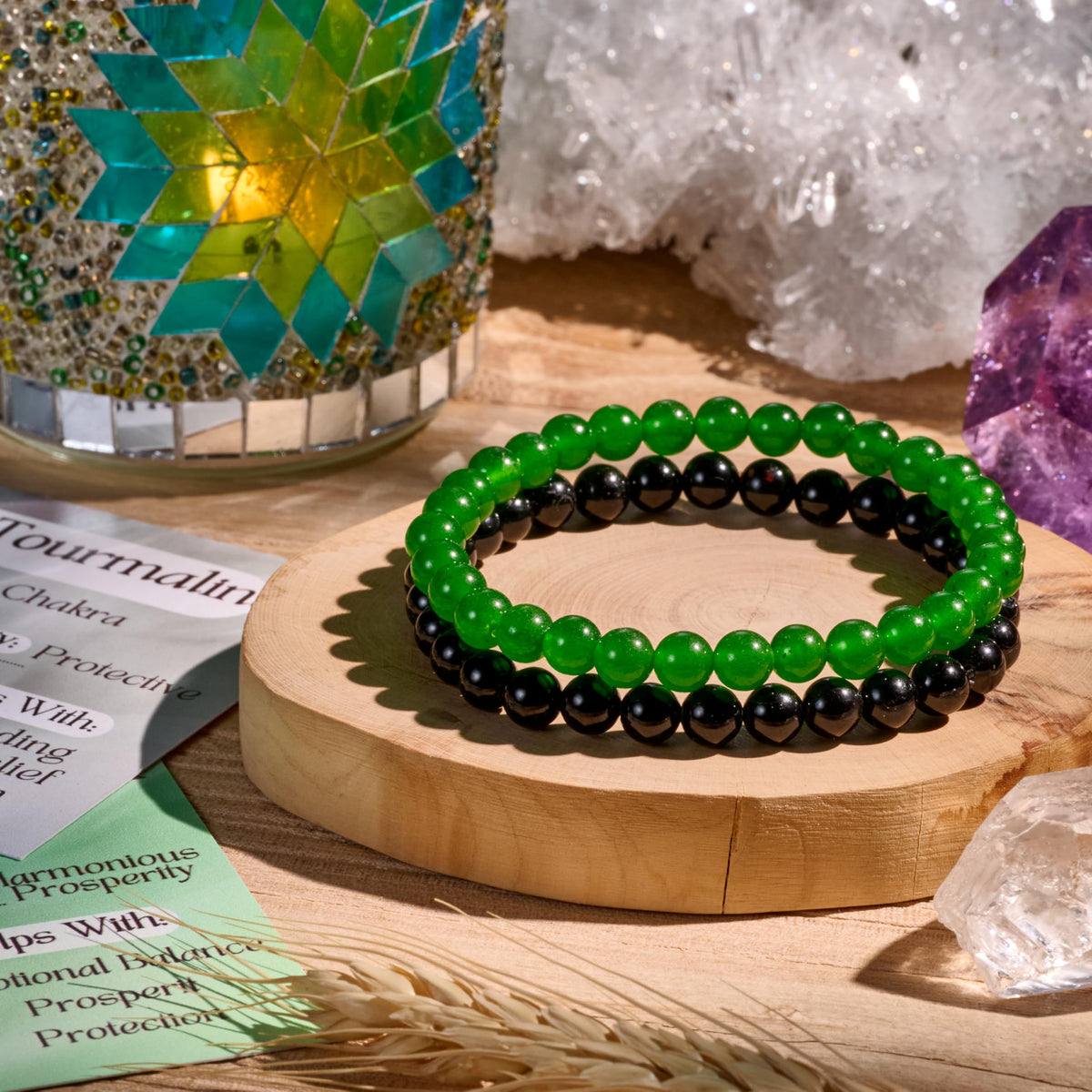 Bivei 2-Piece 8mm Beaded Bracelets for Women – Black Tourmaline, Green Jade – Natural Crystal Handmade Stretch Jewelry for Meditation, Protection & Gifts Yoga