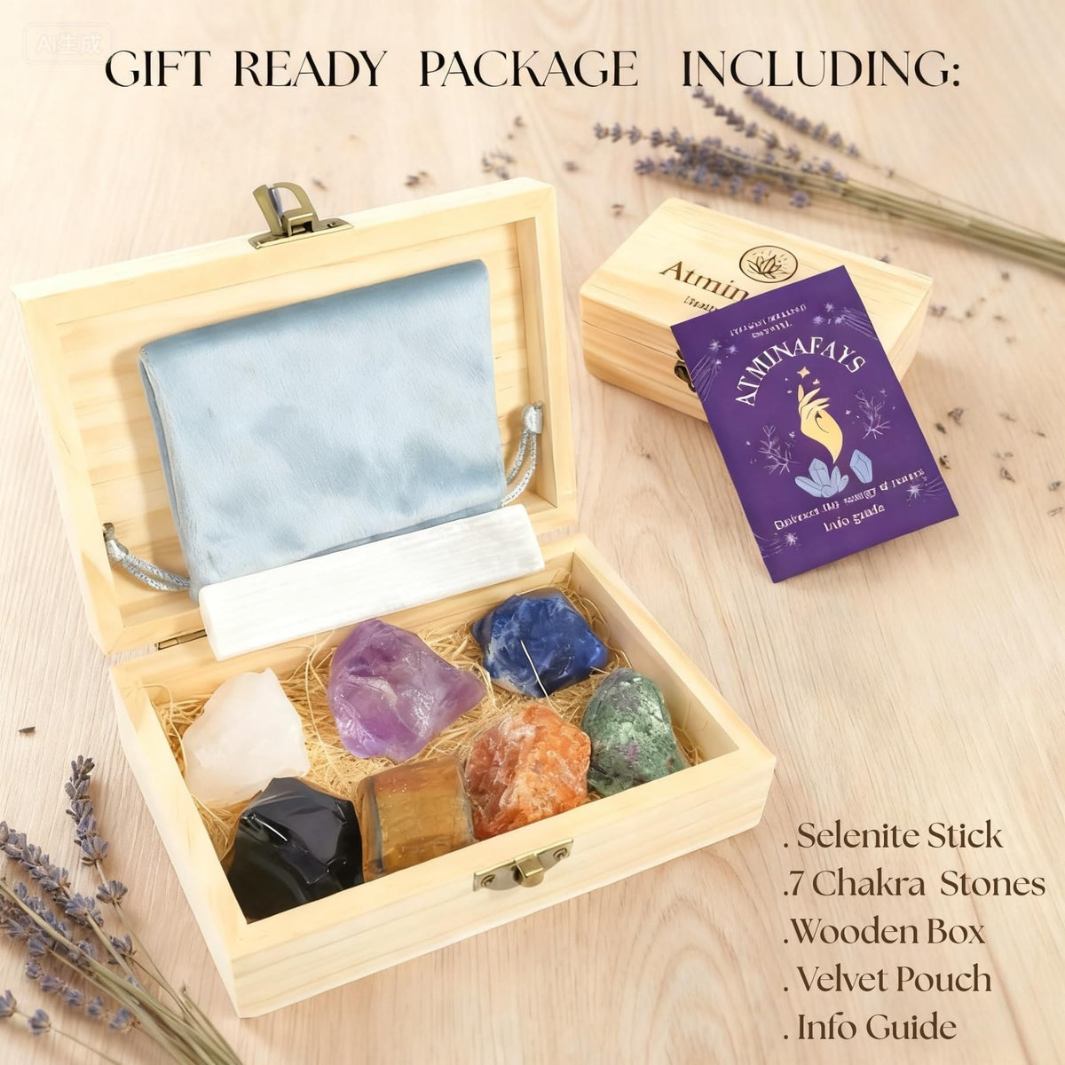 Atminafays Healing Crystals Set – 7 Raw Chakra Stones & Selenite Stick | Unpolished Crystal Healing Stones for Meditation, Yoga, Reiki | Wooden Box with Velvet Pouch & Guide