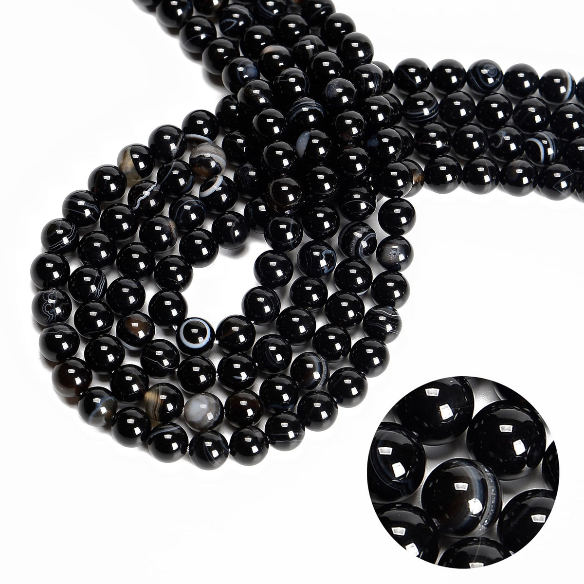 48Pcs 8mm Black Striped Agate Natural Round Loose Real Stone Beads Gemstone Genuine for DIY Hand Made Craft Jewelry Bracelet Earring Necklace String Making Energy Healing Power
