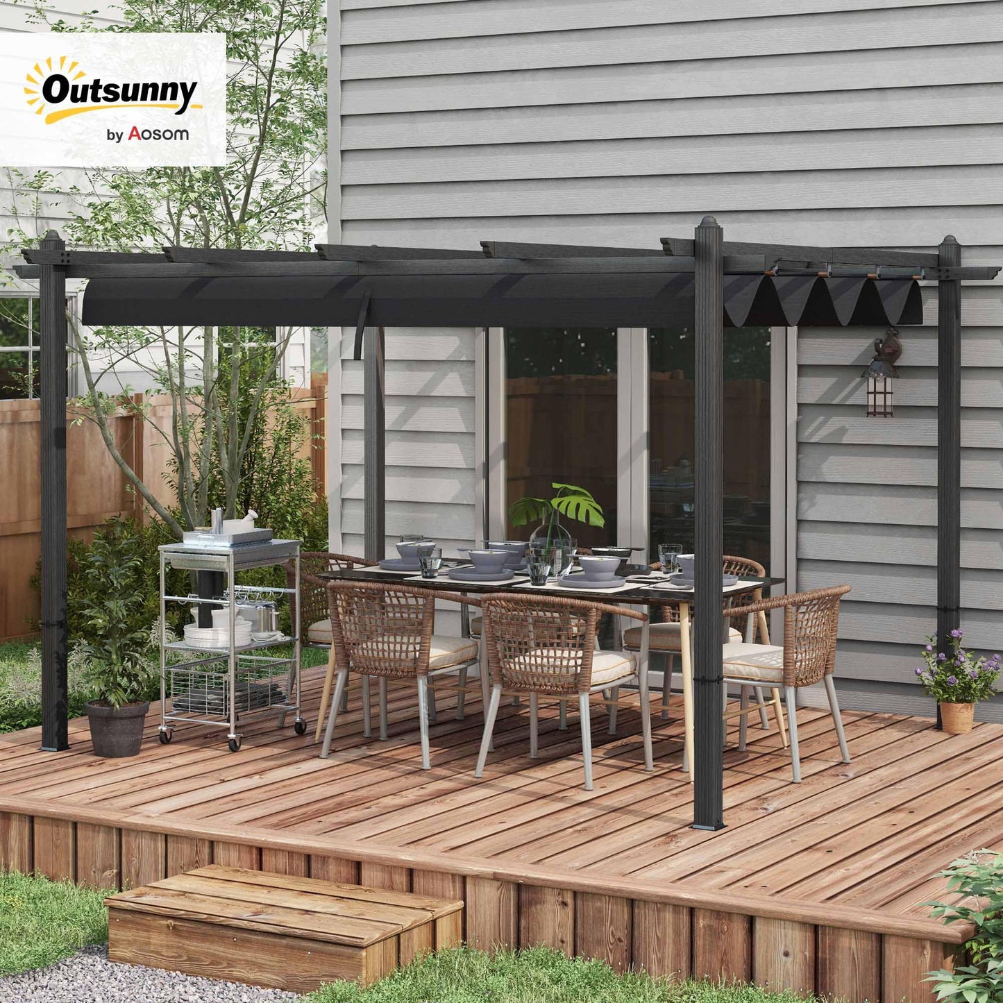 Outsunny 10' x 13' Retractable Pergola Canopy, Wood Grain Aluminum Pergola, Outdoor Sun Shade Shelter for Grill, Garden, Patio, Backyard, Deck, Gray