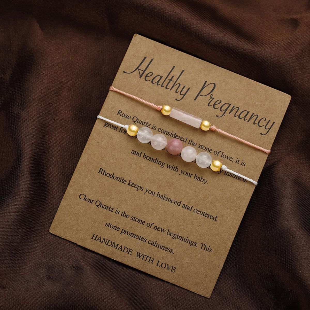 IQIC Handmade Fertility & Pregnancy Bracelet with Natural Rose Quartz, Aquamarine & Moonstone, Healing Crystal Bracelet for Pregnant Women, Comes with Blessing Card for Safe Delivery & New Beginnings